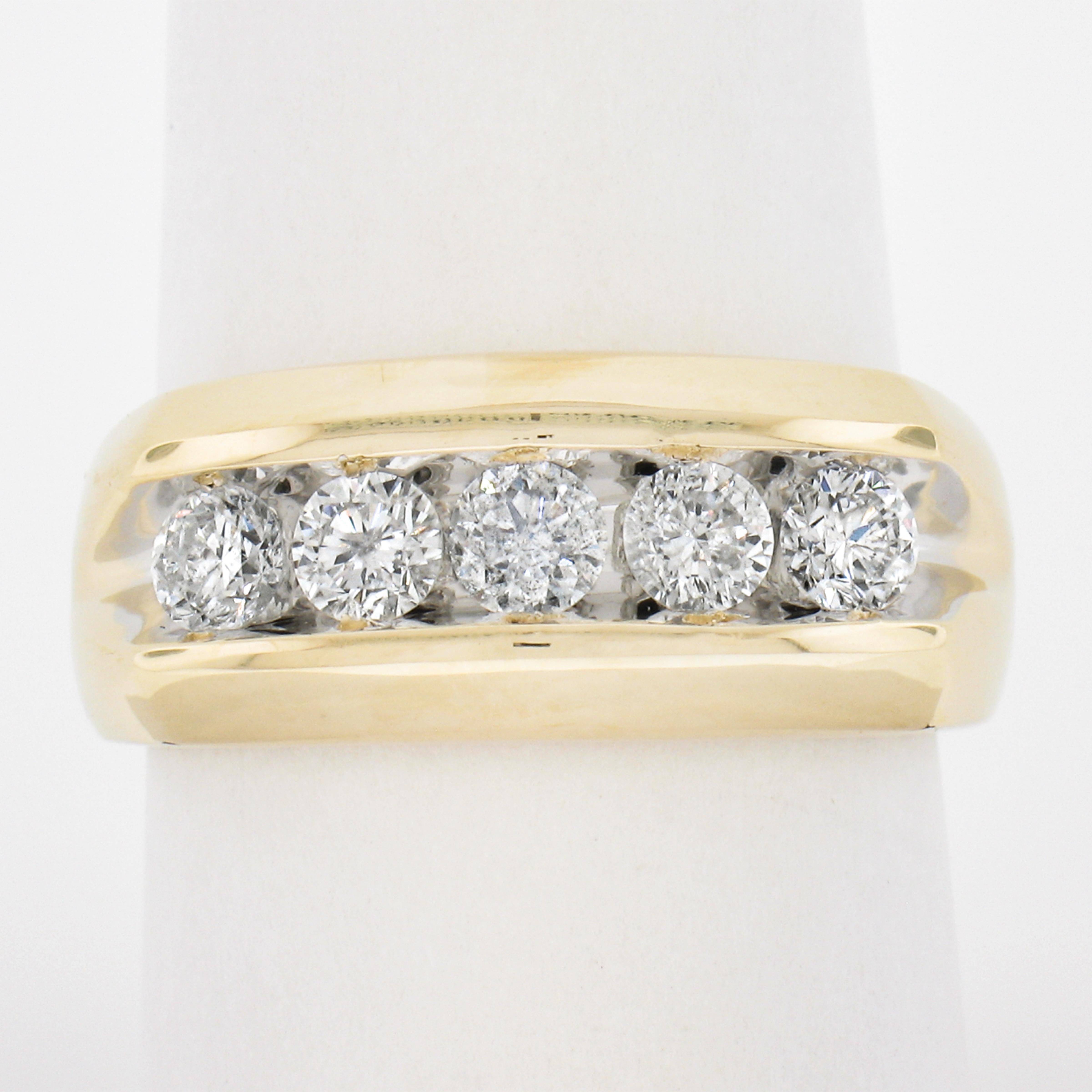 --Stone(s):--
(5) Natural Genuine Diamonds - Round Brilliant Cut - Channel Set - G/H Color - SI2-I2 Clarity 
Total Carat Weight:	1.00 (approx.)

Material: 14K Solid Yellow Gold
Weight: 8.11 Grams
Ring Size: 8.5 (Fitted on a finger. We can custom