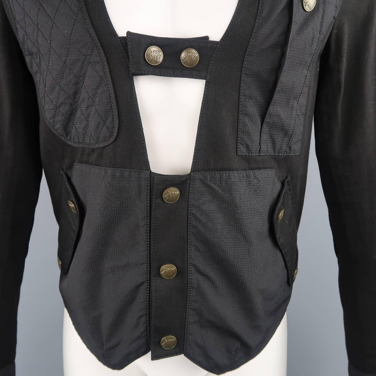 Men's CLOAK S Black Cotton Cutout Harness Combat Collarless Jacket at