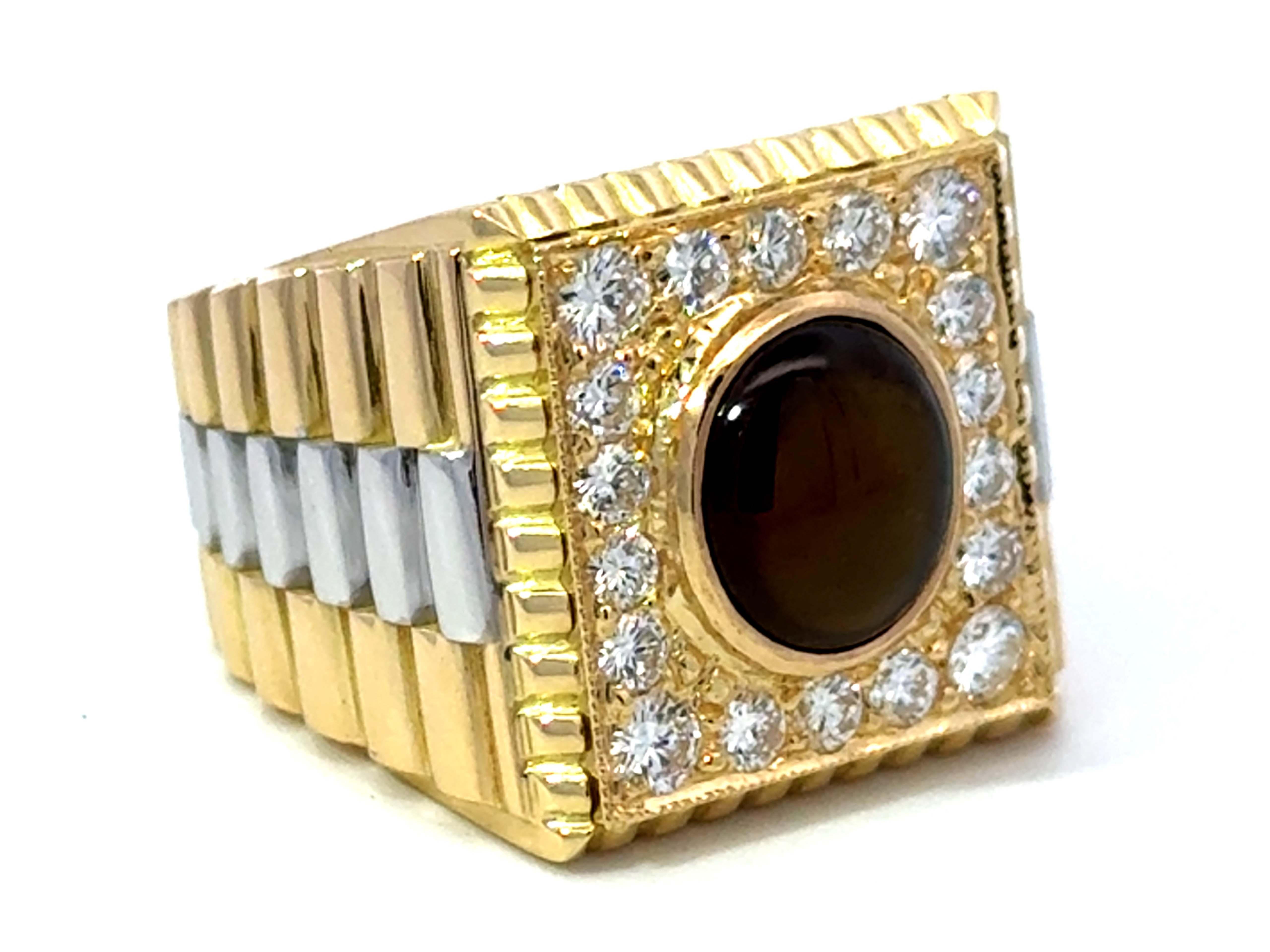 Cabochon Mens Cluster Diamond Ring Rolex Shoulders 18K Yellow Gold For Sale