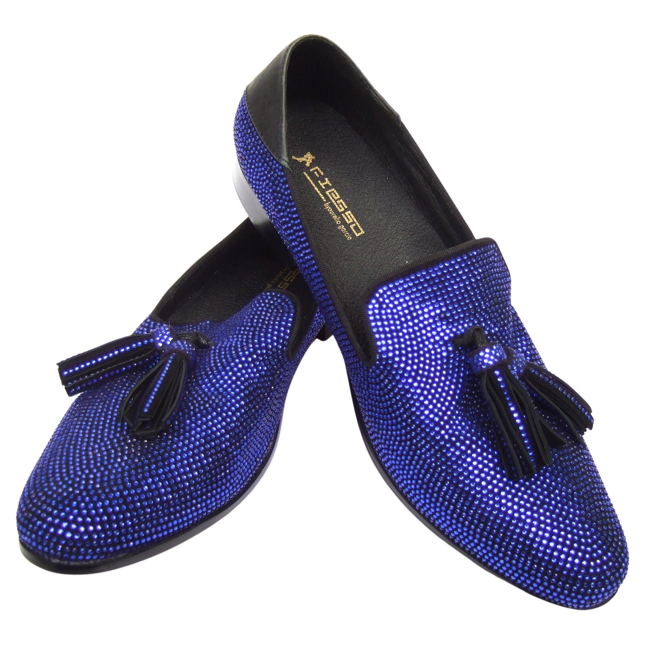 Men's Cobalt Blue Jeweled Crystal Tassel Slipper Dress Shoes Size 11 21st C