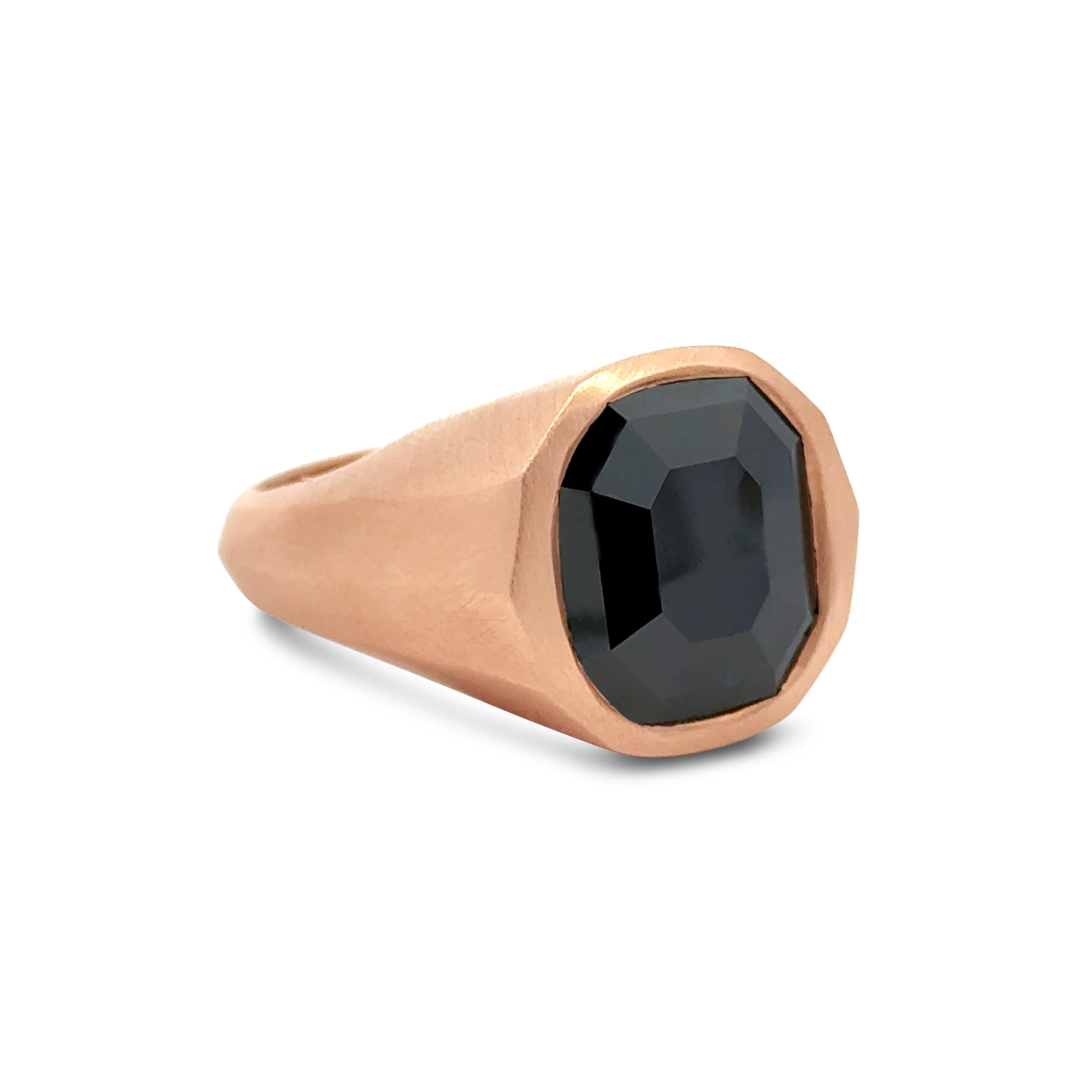 A dashing men's cocktail ring, featuring an octagonal shape black diamond weighing 15.05 carats, bezel-set in 14K rose gold. Size 9.5 US, resizable upon request.

Roman Malakov is a custom house, specializing in creating anything you can imagine. If