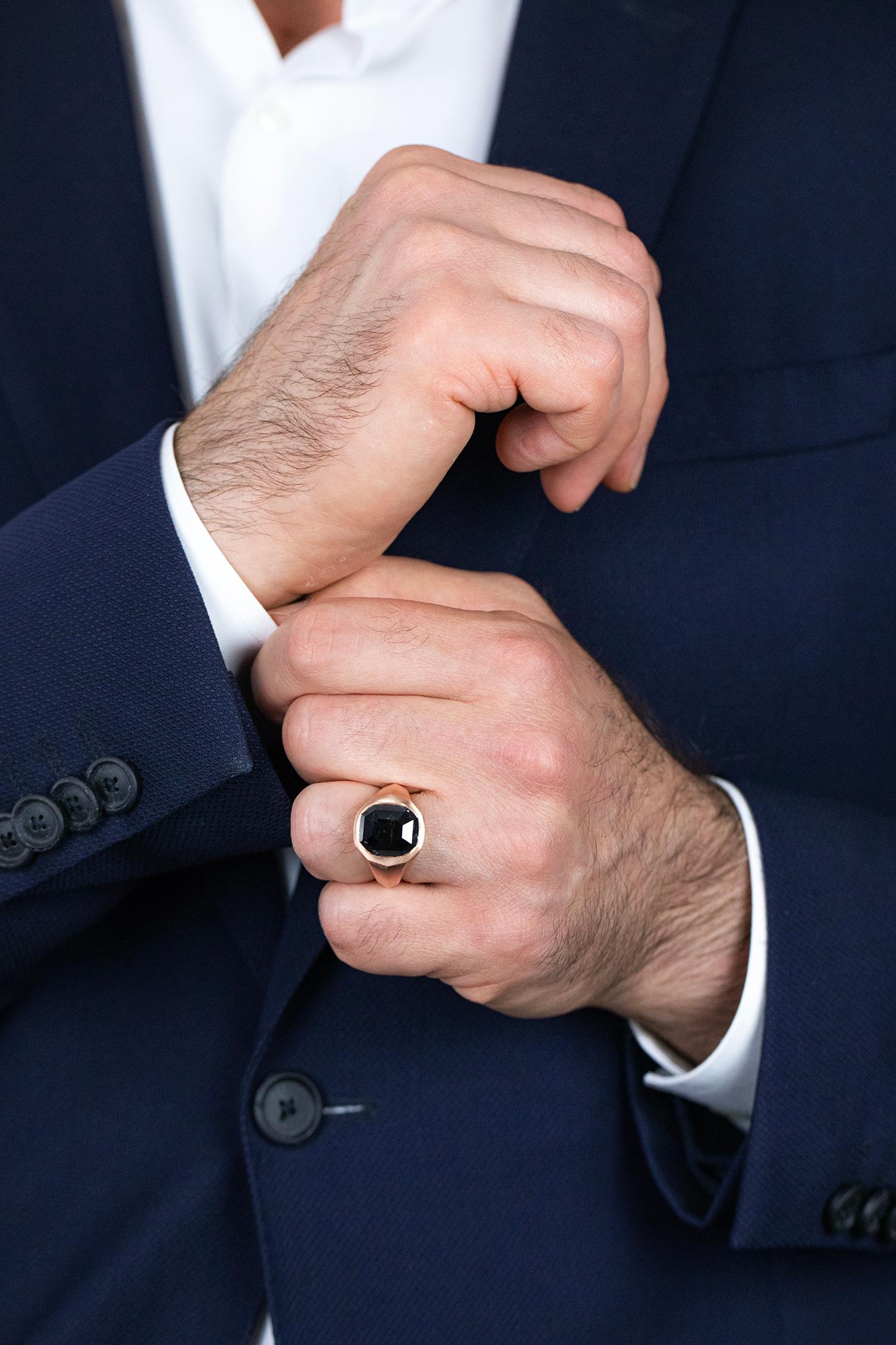 Roman Malakov 15.05 Carats Octagonal Shape Black Diamond Men's Cocktail Ring In New Condition For Sale In New York, NY
