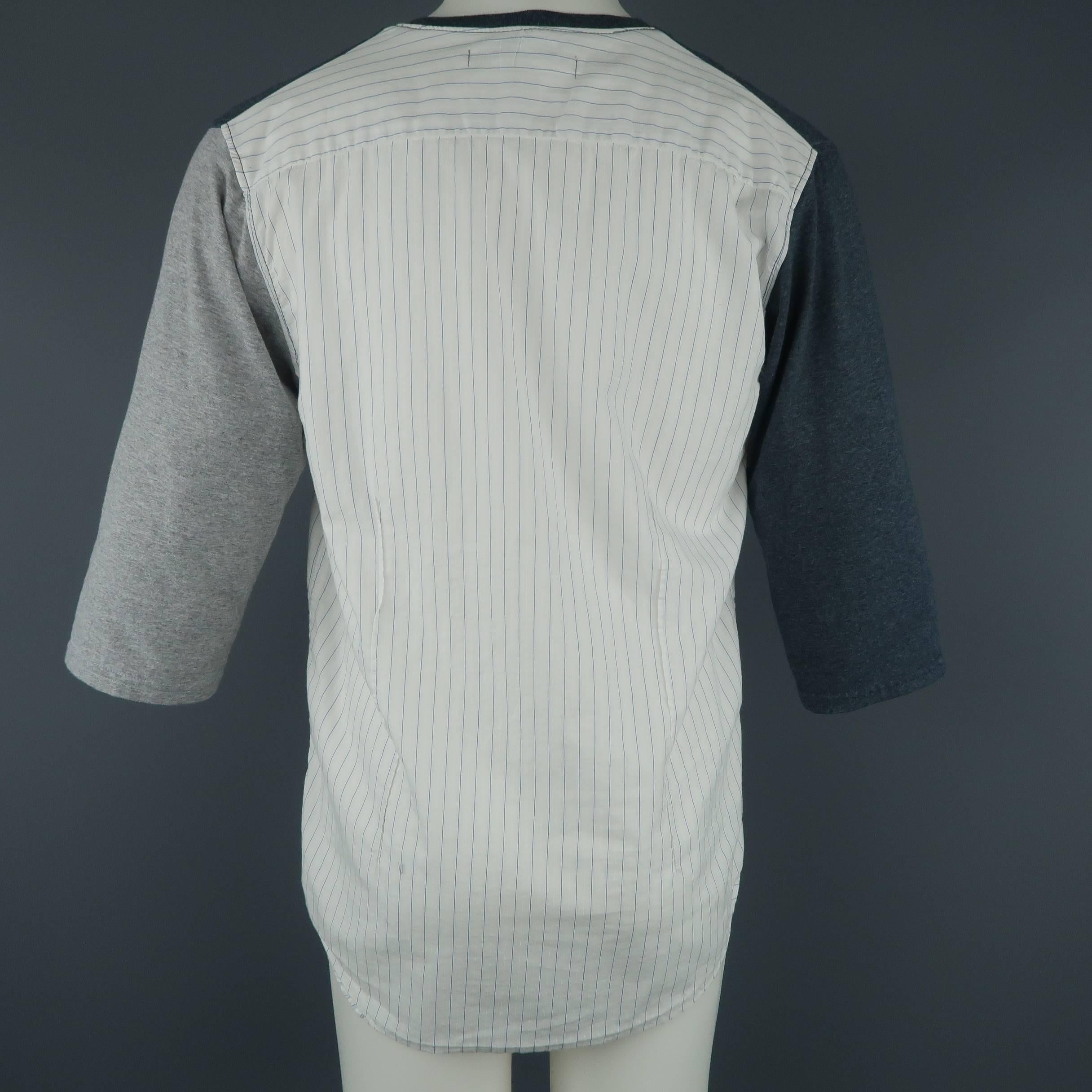 Men's COMME des GARCONS Size L Gray Mixed Fabrics Striped Cotton Panel Shirt 2