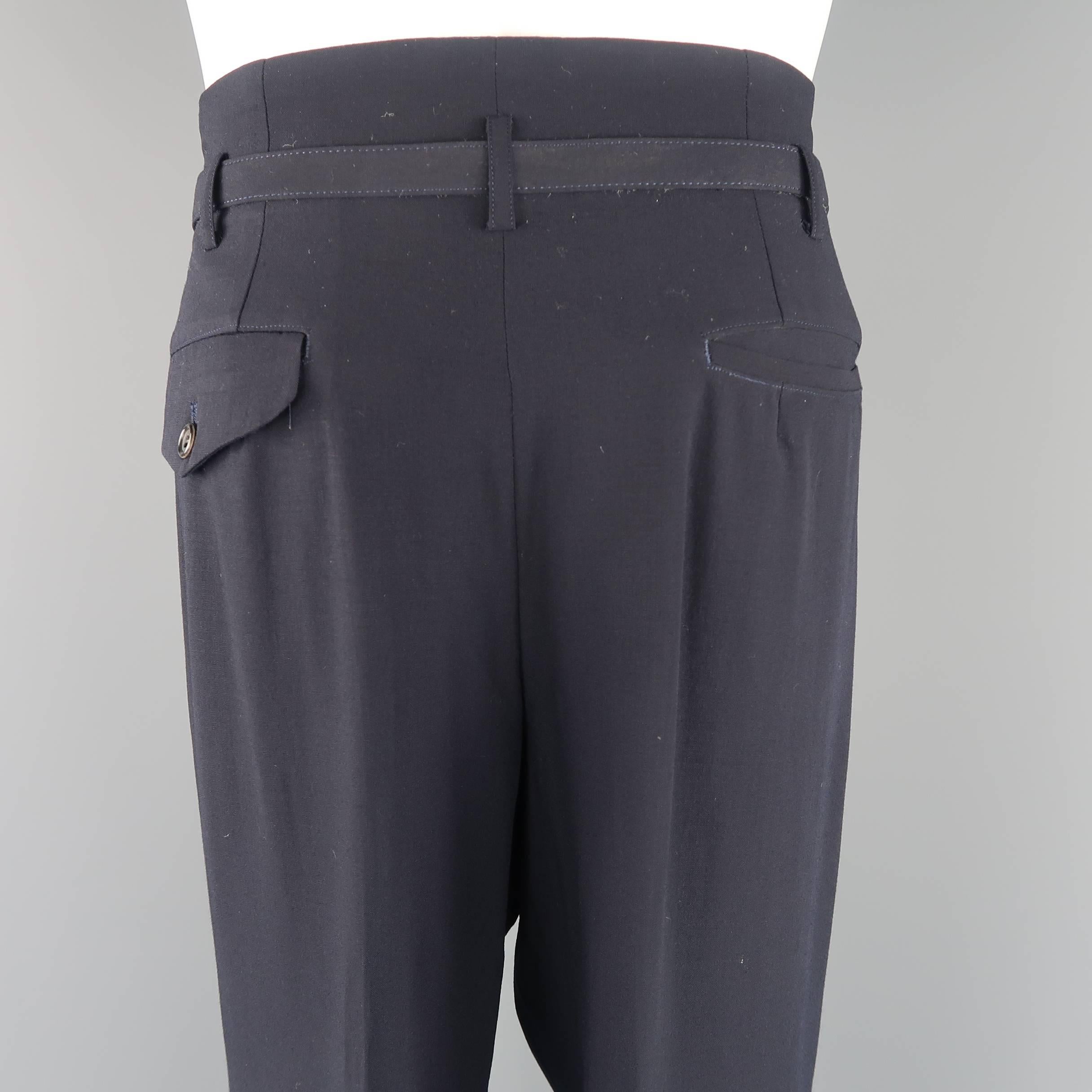 Black Men's COMME des GARCONS Size M Navy Wool Pleated Belt Waist Dress Pants
