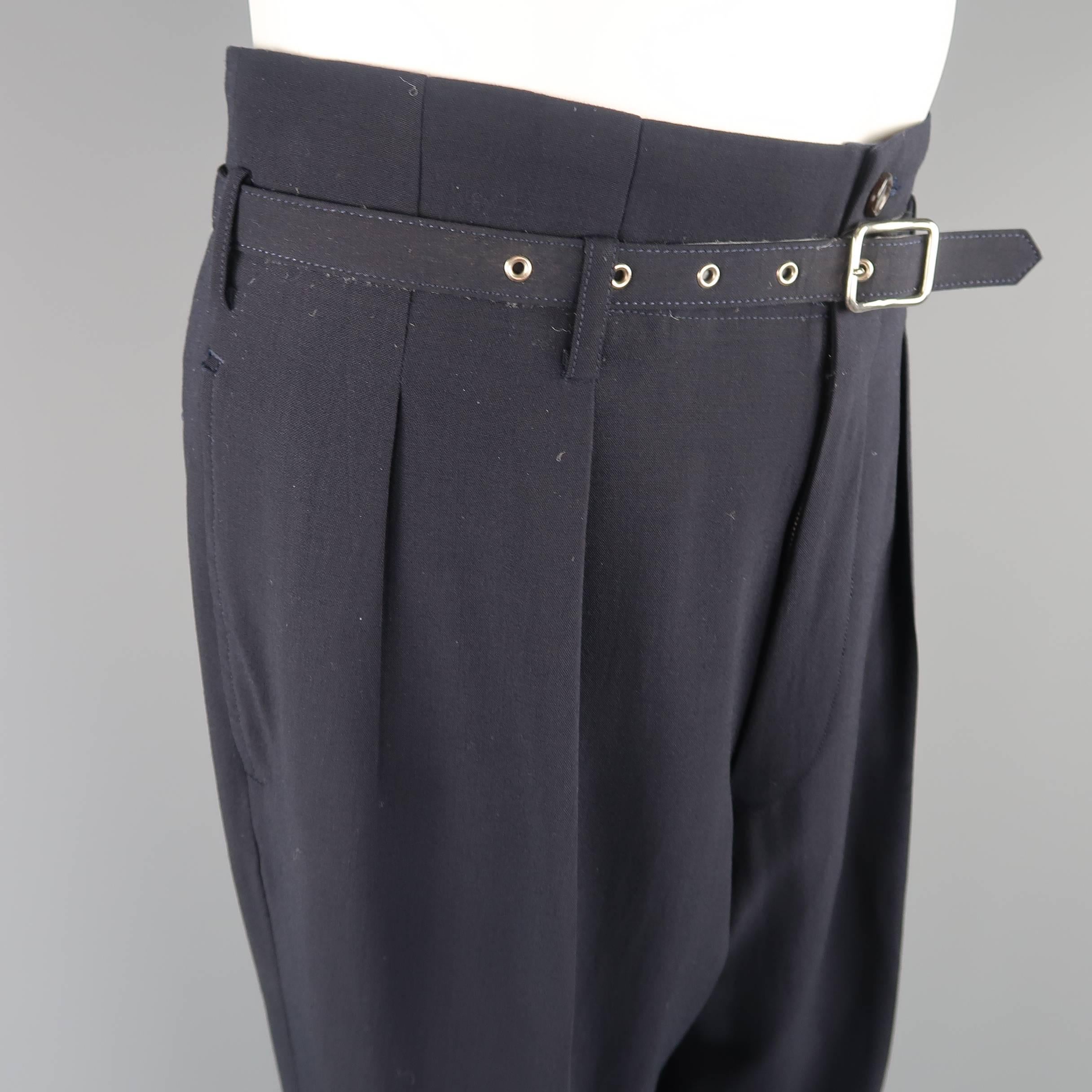 Men's COMME des GARCONS Size M Navy Wool Pleated Belt Waist Dress Pants In Good Condition In San Francisco, CA