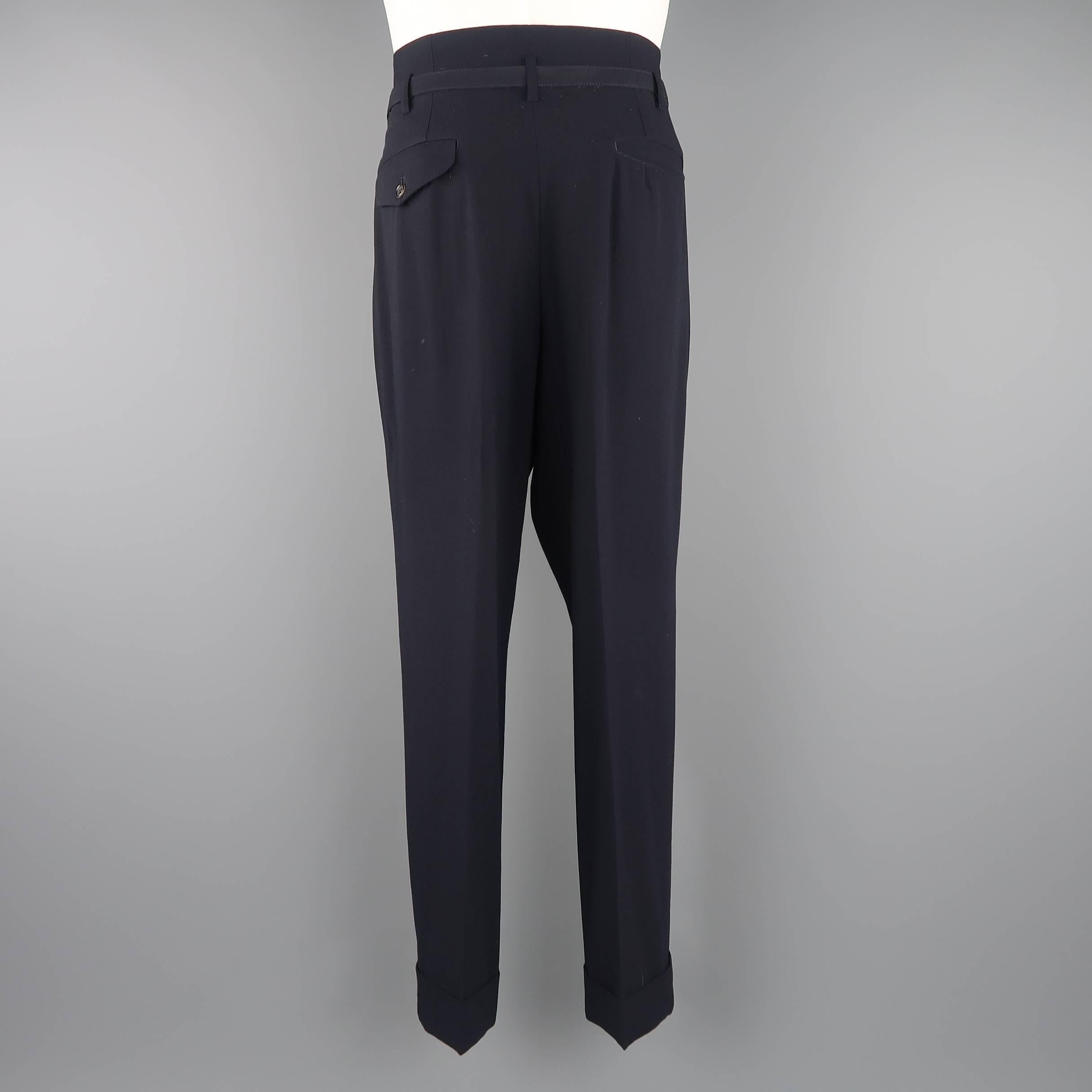 Men's COMME des GARCONS Size M Navy Wool Pleated Belt Waist Dress Pants 1
