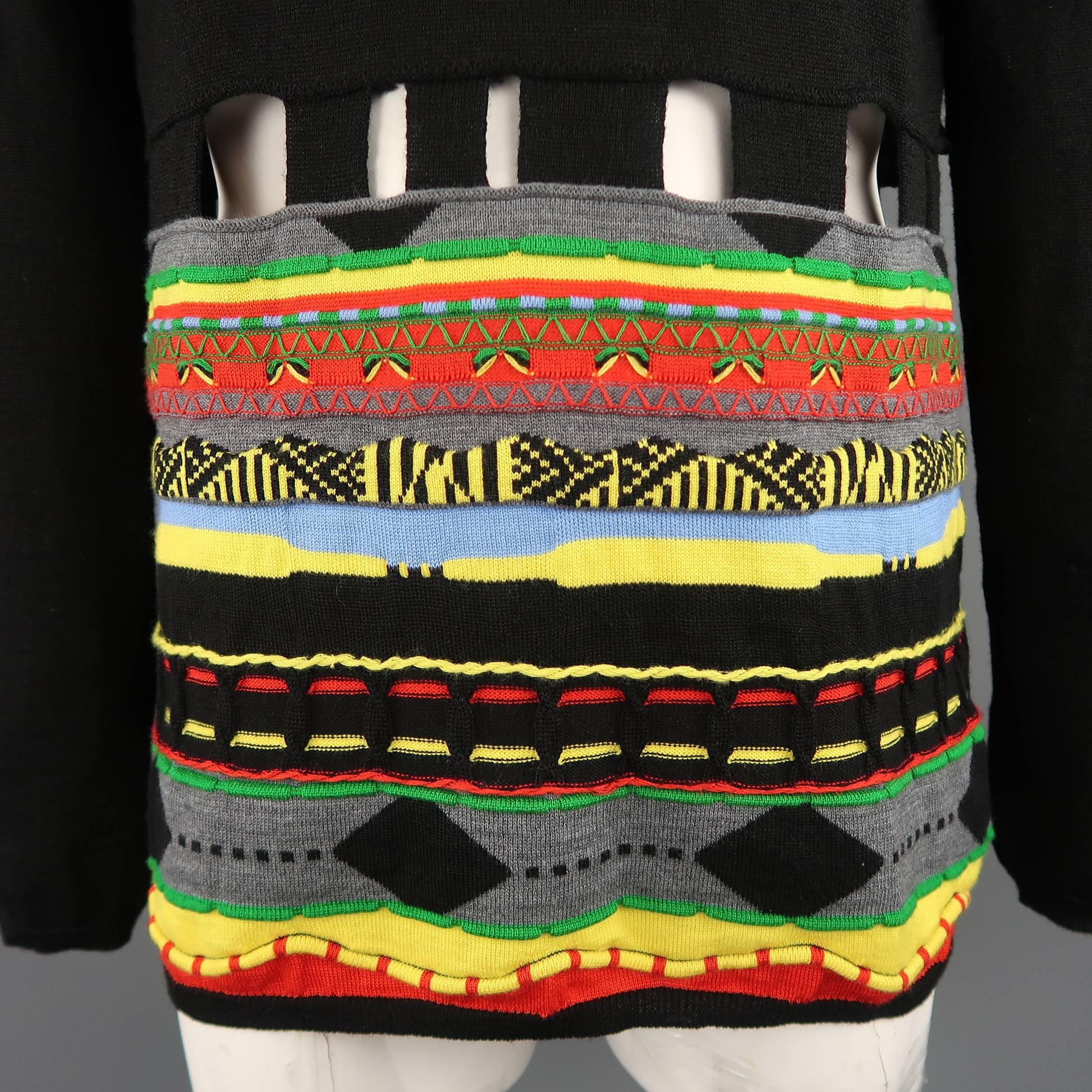 Men's COMME des GARCONS Size XL Black Wool Blend Multi-color Stripe Cutout Pullo In Excellent Condition In San Francisco, CA