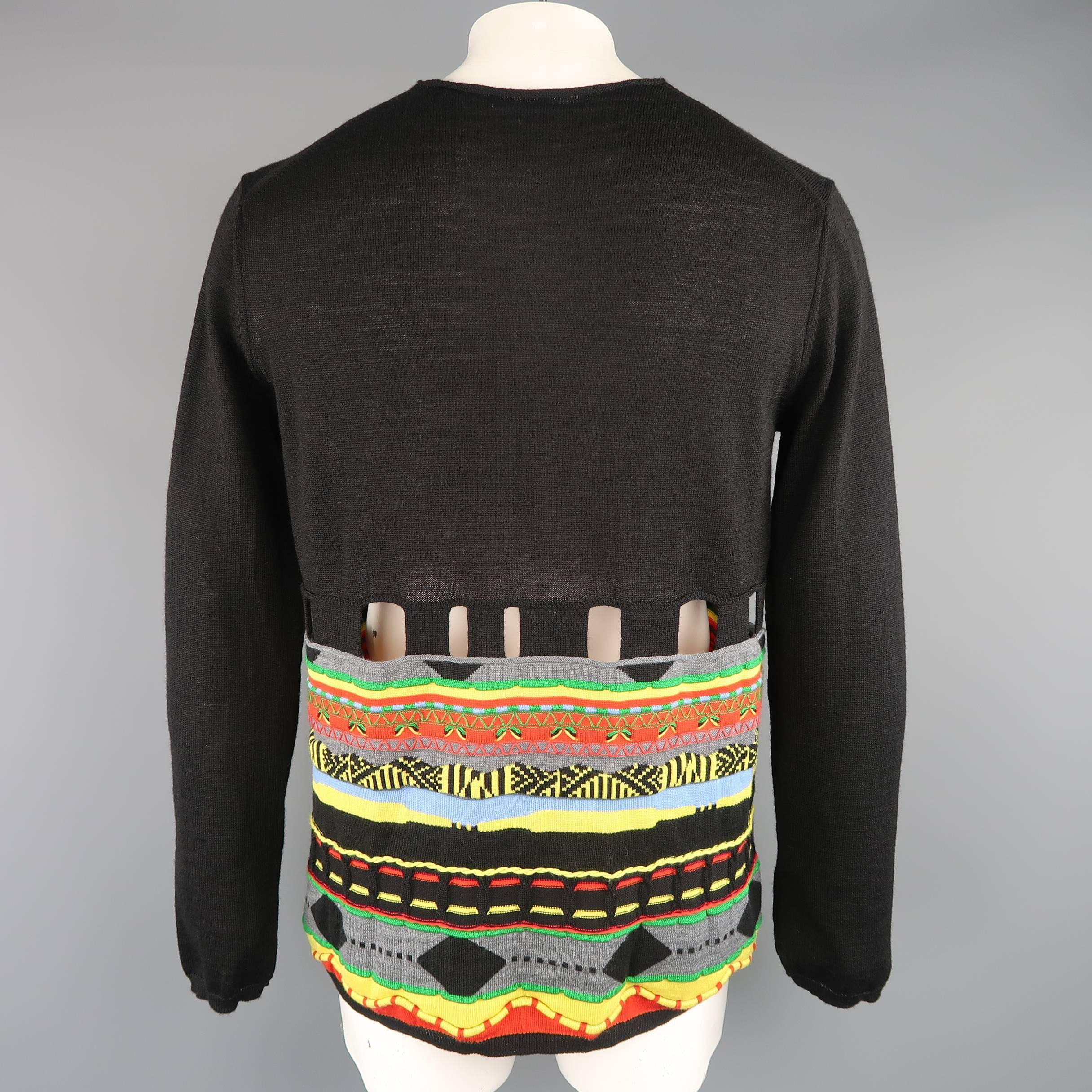 Men's COMME des GARCONS Size XL Black Wool Blend Multi-color Stripe Cutout Pullo 4