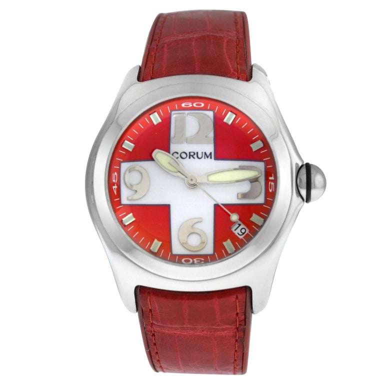 Red Corum Men's Corum Bubble 163.150.20 0F02 Steel Date Red Swiss Cross Quartz ...