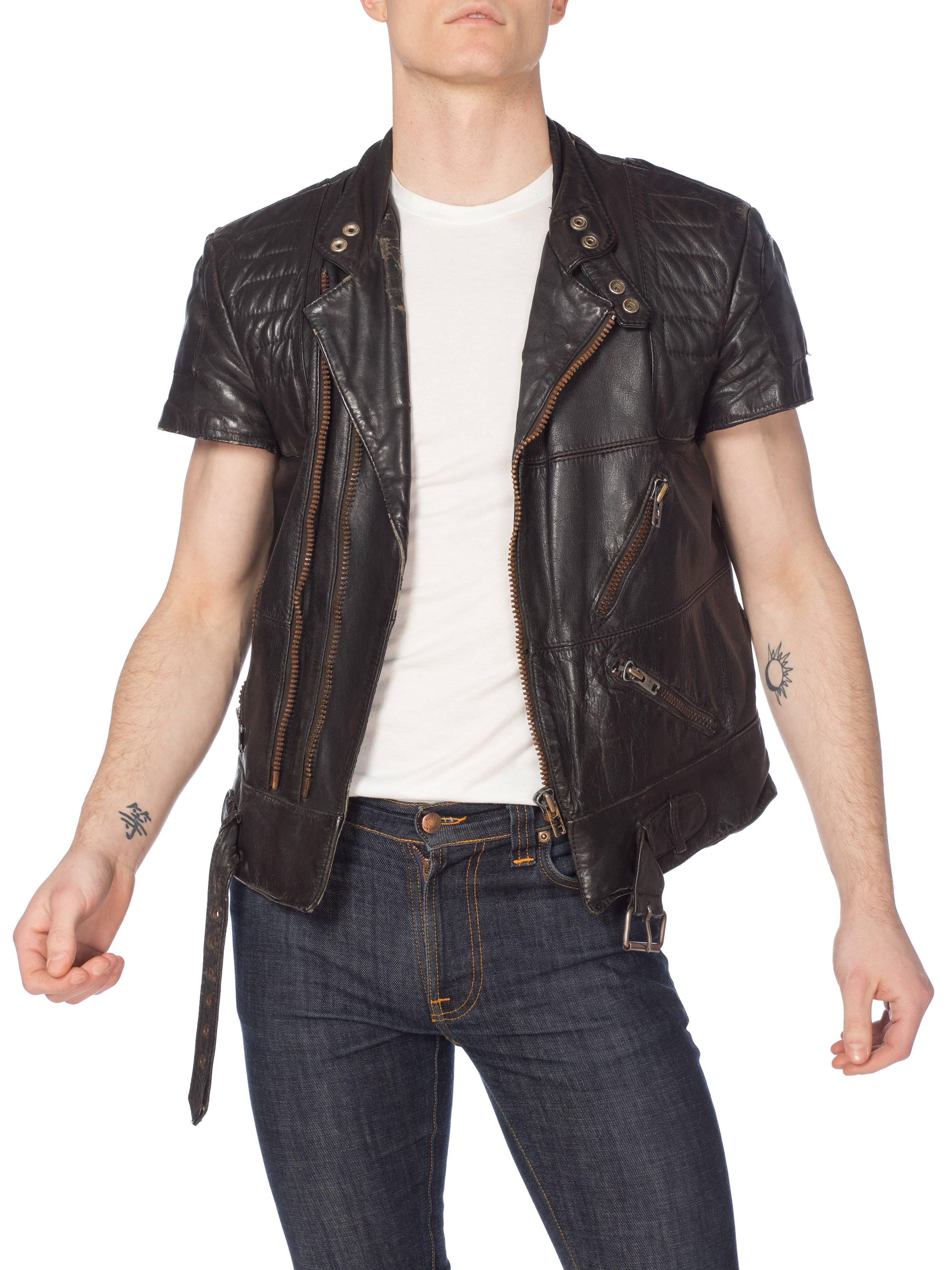 Mens Cropped Sleeve Leather Biker Jacket Formerly Belonging to the Band Justice 2