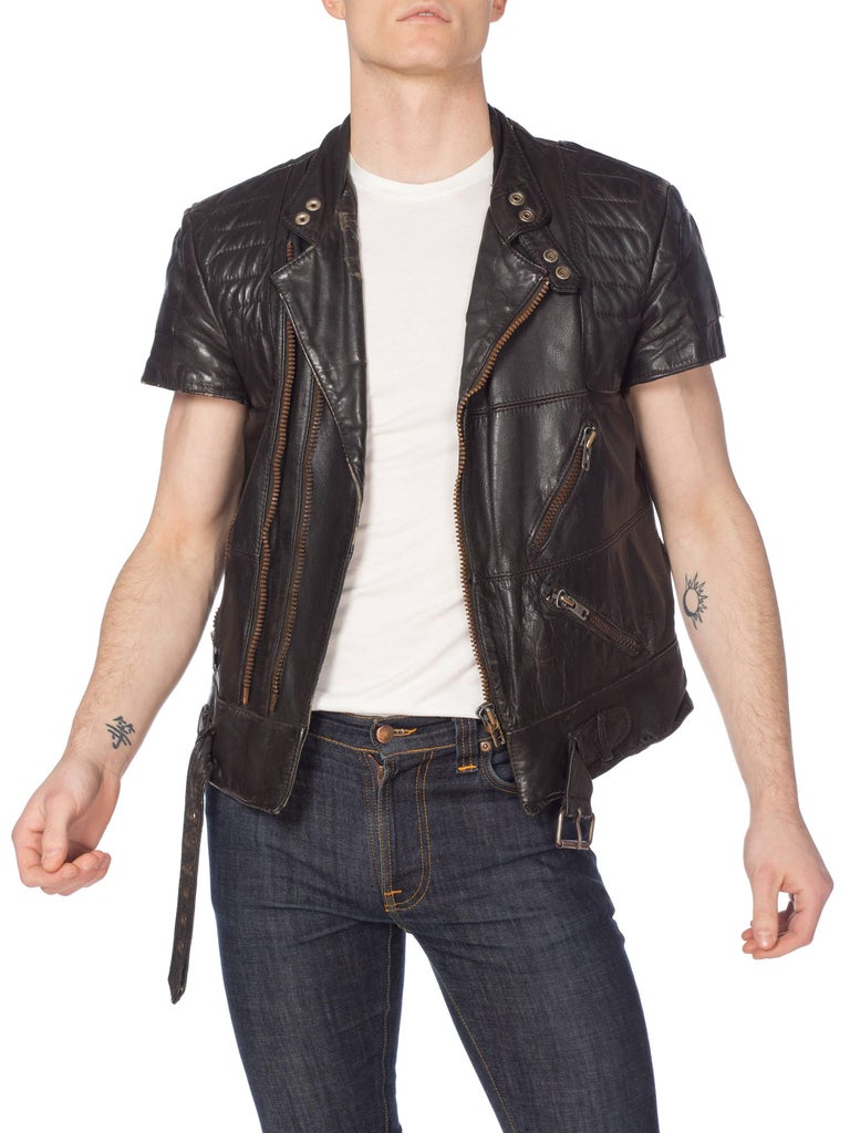Mens Cropped Sleeve Leather Biker Jacket Formerly Belonging to the Band Justice at 1stDibs