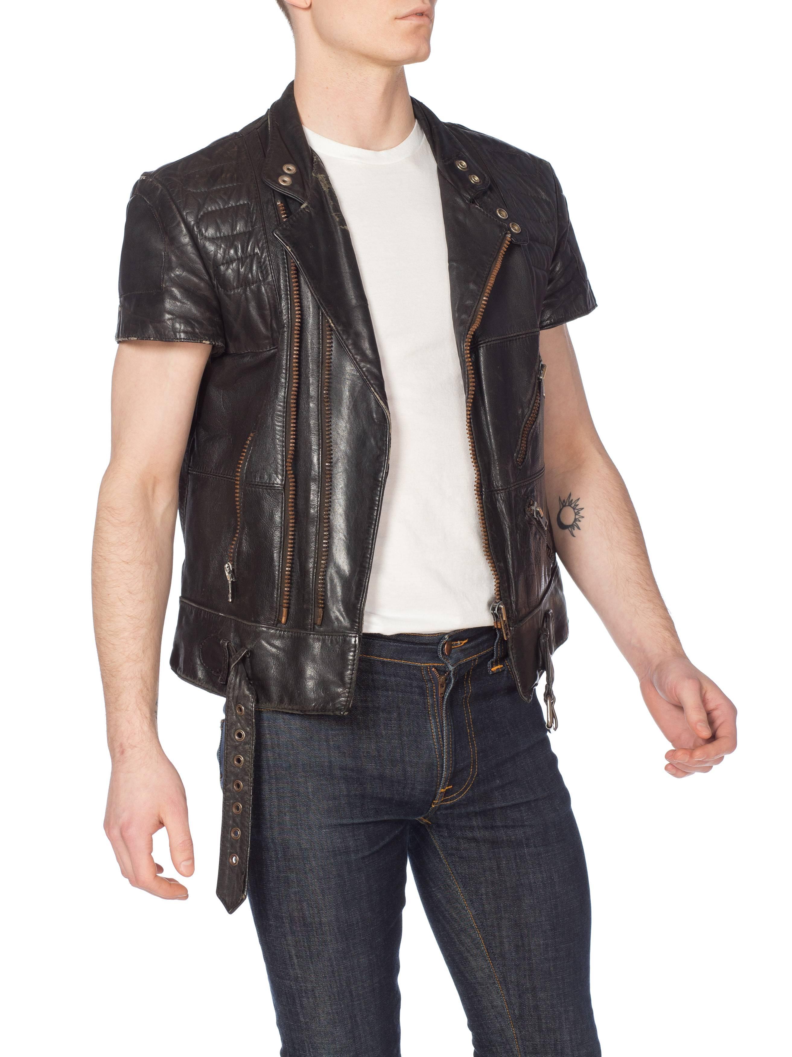 Mens Cropped Sleeve Leather Biker Jacket Formerly Belonging to the Band Justice 8