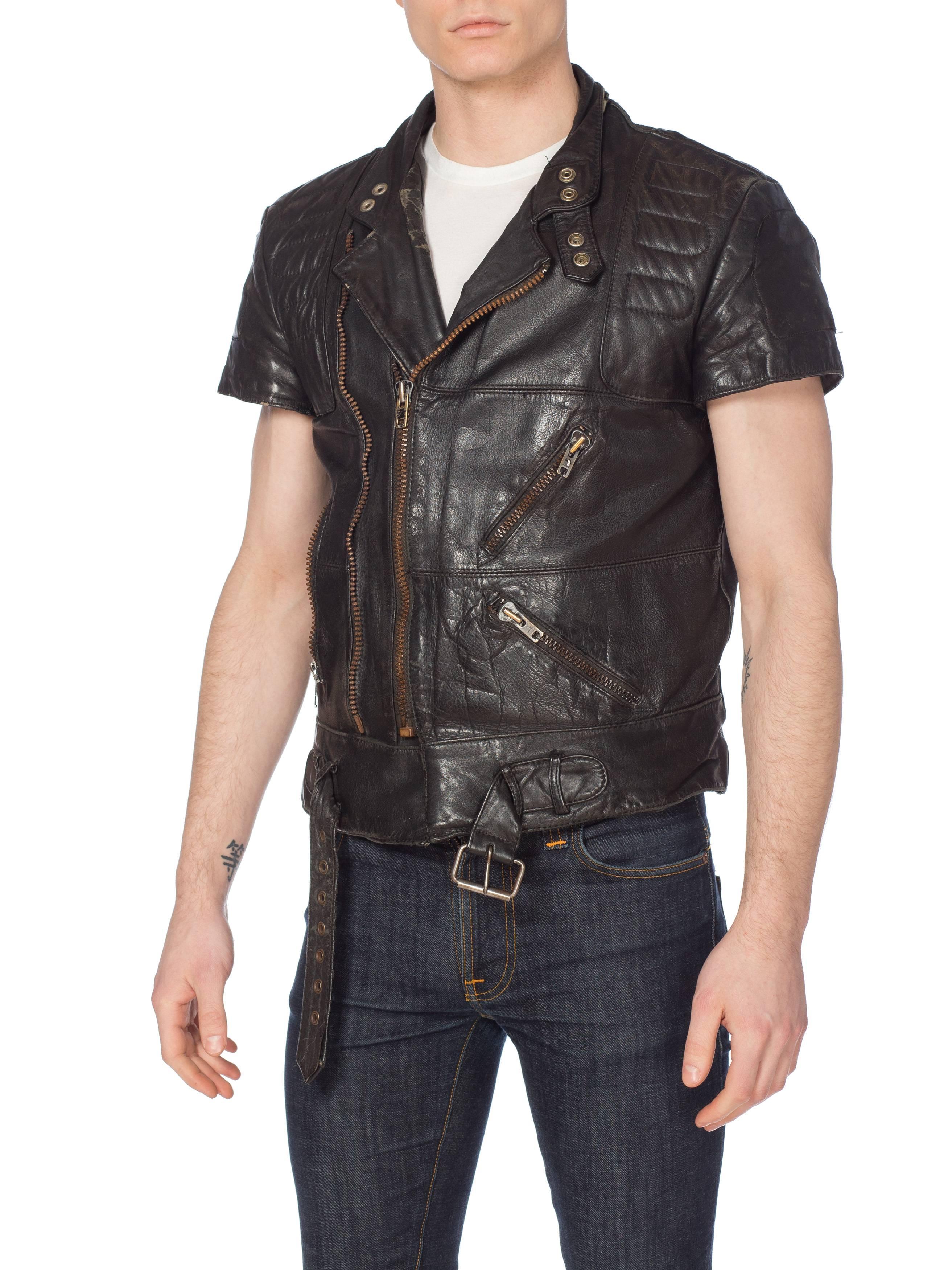 Mens Cropped Sleeve Leather Biker Jacket Formerly Belonging to the Band Justice 9