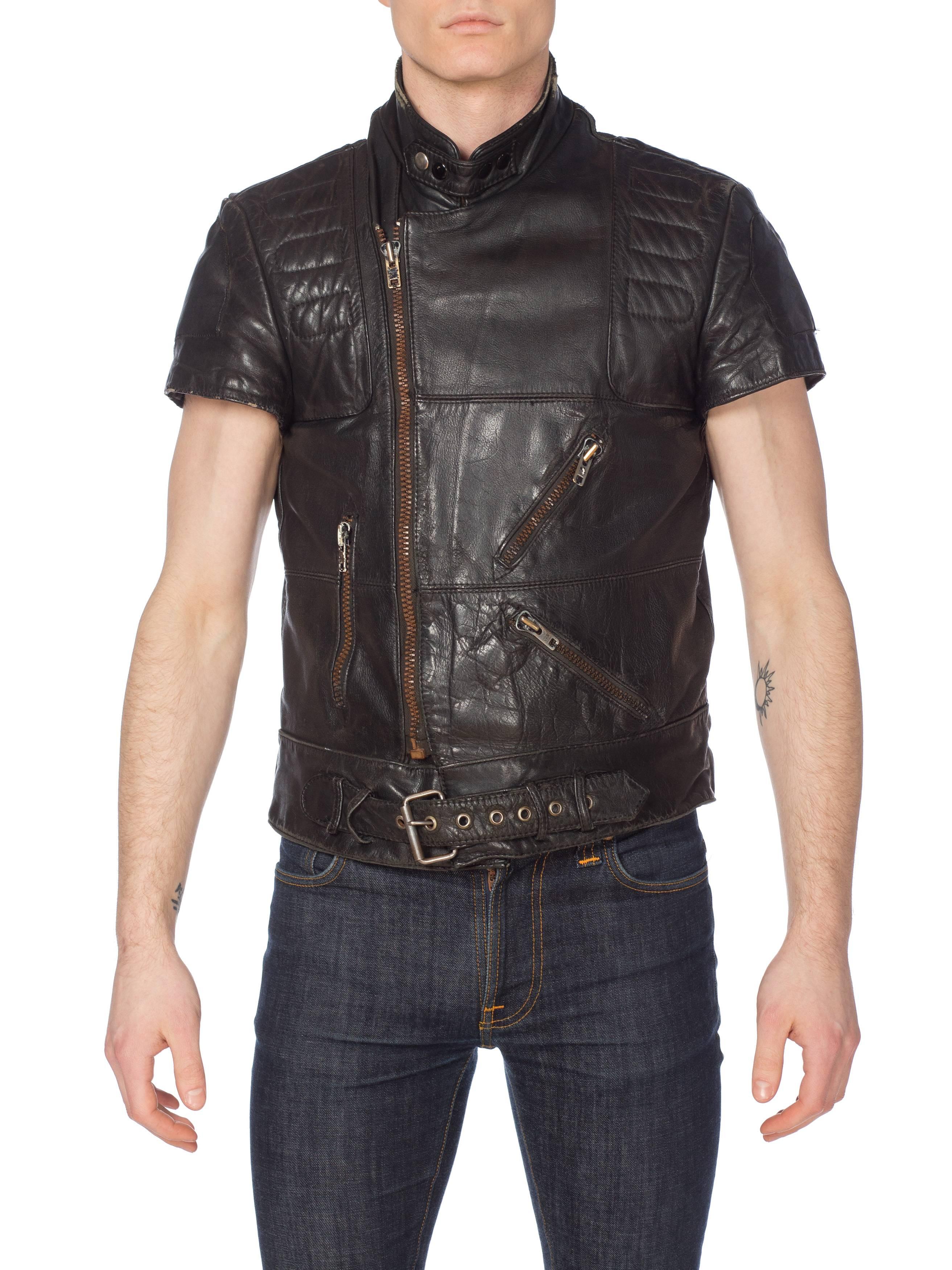 Mens Cropped Sleeve Leather Biker Jacket Formerly Belonging to the Band Justice 11