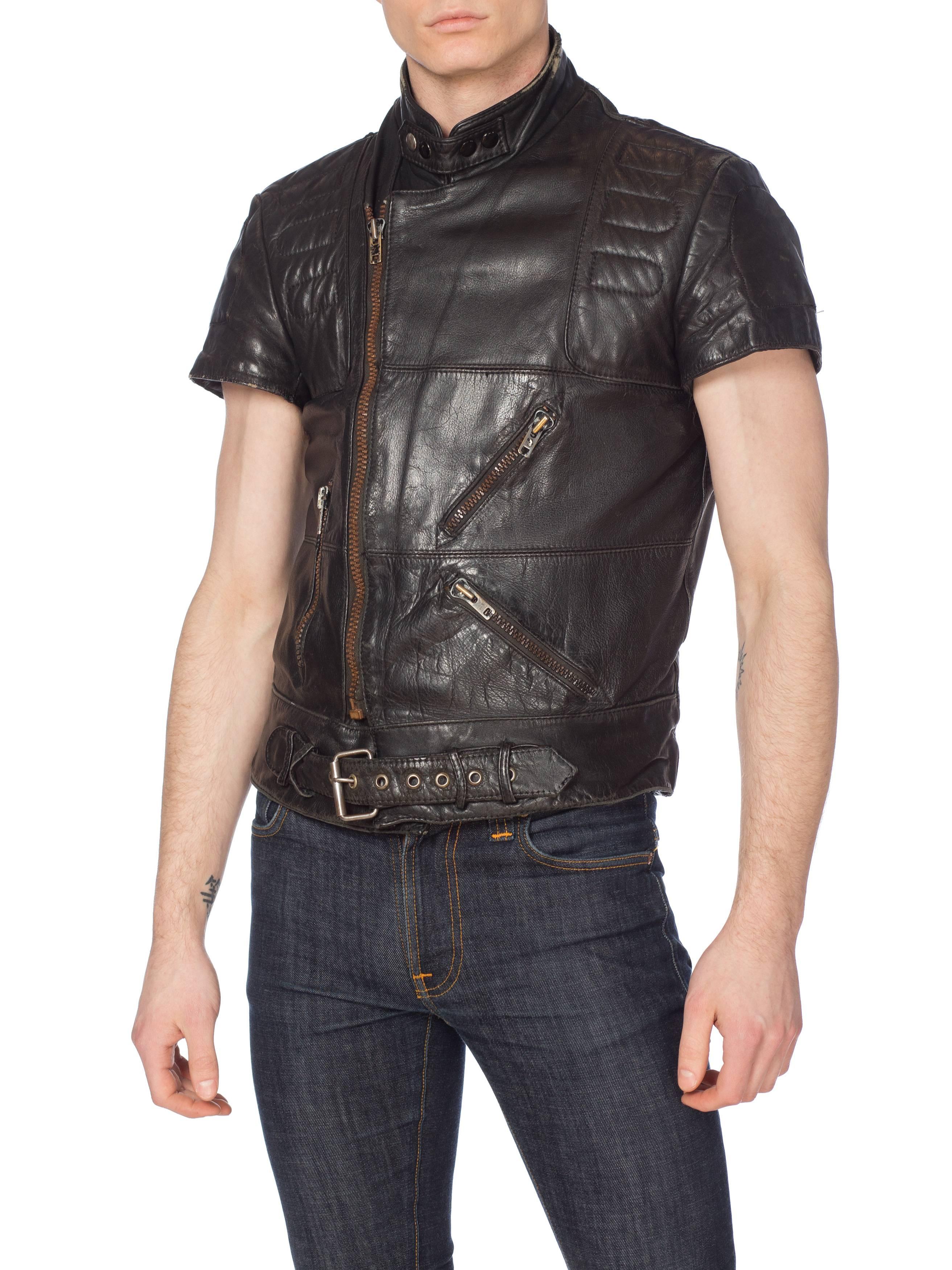 Mens Cropped Sleeve Leather Biker Jacket Formerly Belonging to the Band Justice 12