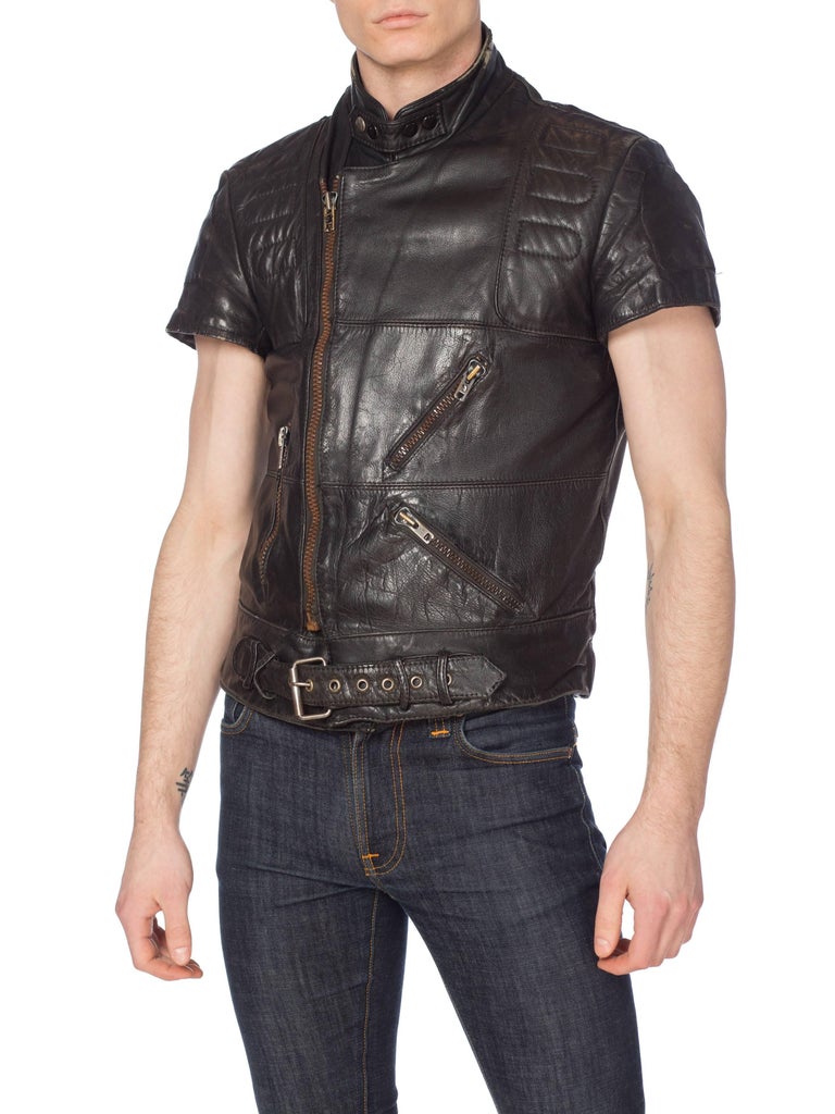 Mens Cropped Sleeve Leather Biker Jacket Formerly Belonging to the Band