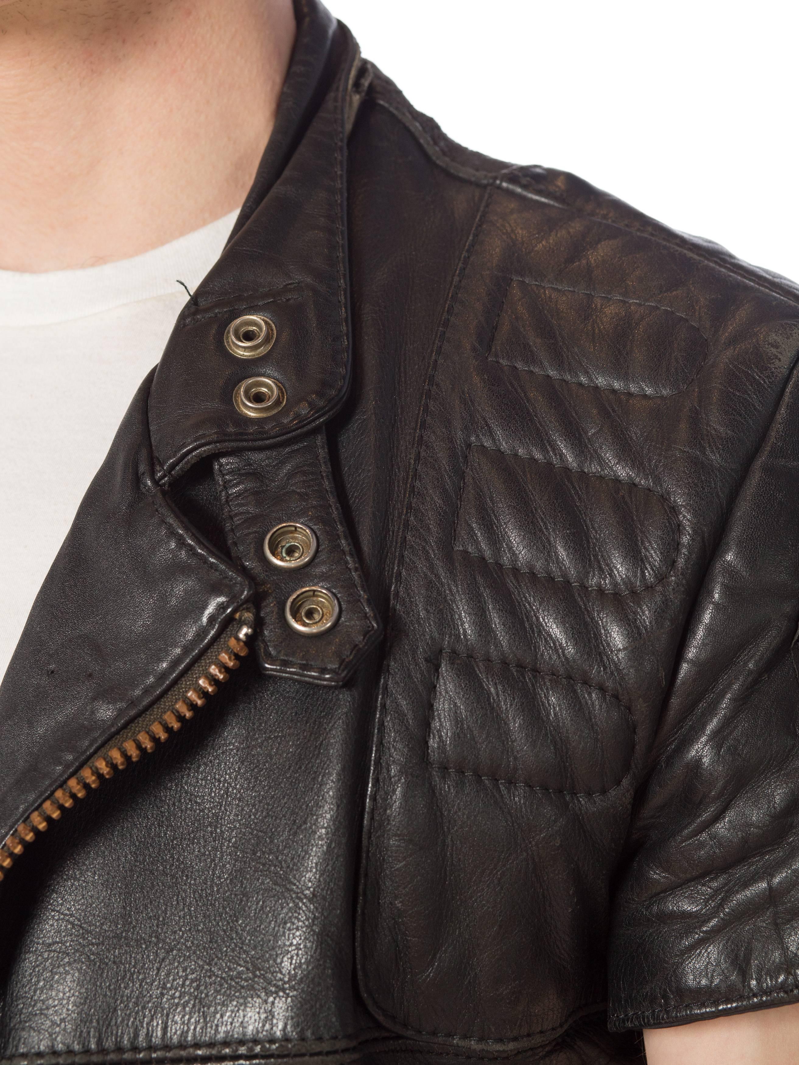 Black Mens Cropped Sleeve Leather Biker Jacket Formerly Belonging to the Band Justice
