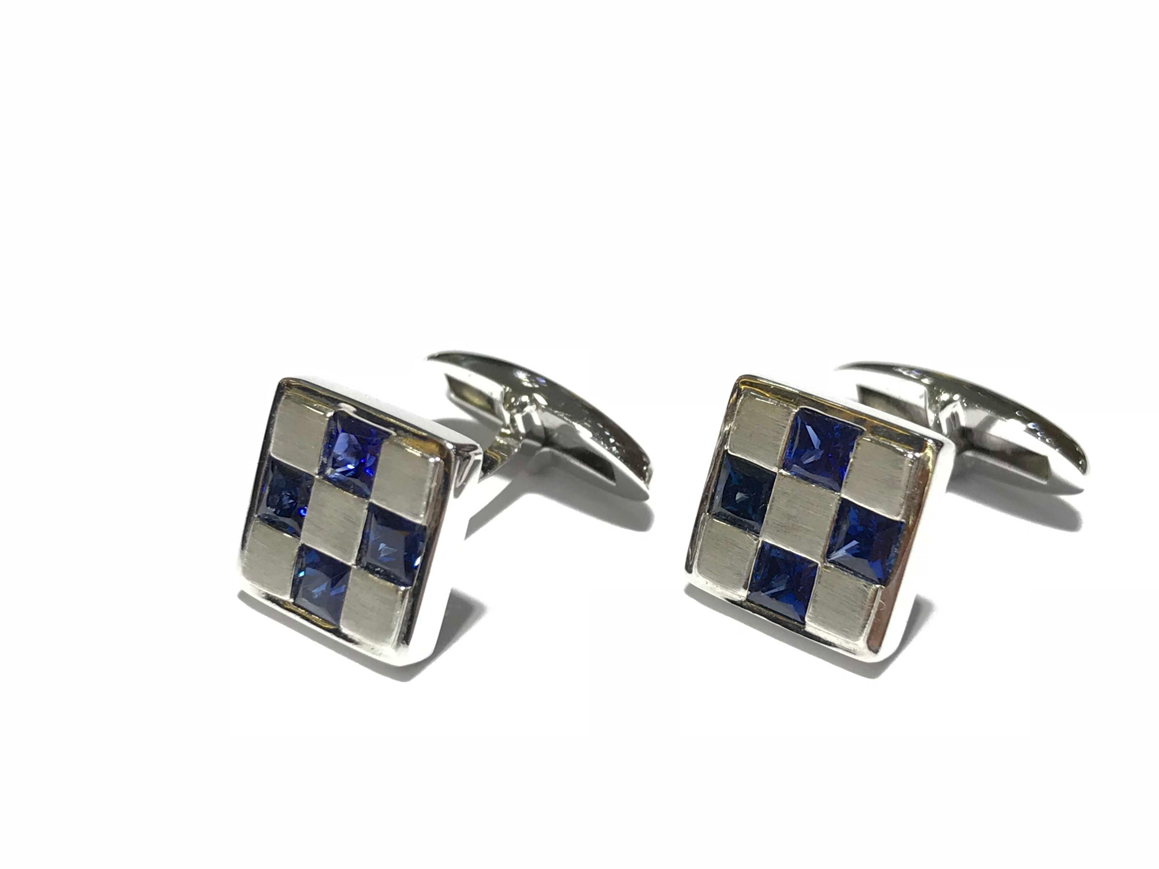 Men's Italian made cufflinks in 18 carat white gold with 4 pricess cut sapphires 
1.60 carat sapphire 
