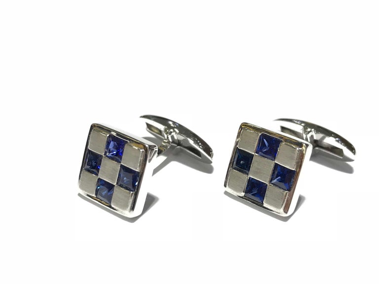 Men's Cufflinks 18 Carat White Gold with Sapphires For Sale at 1stDibs
