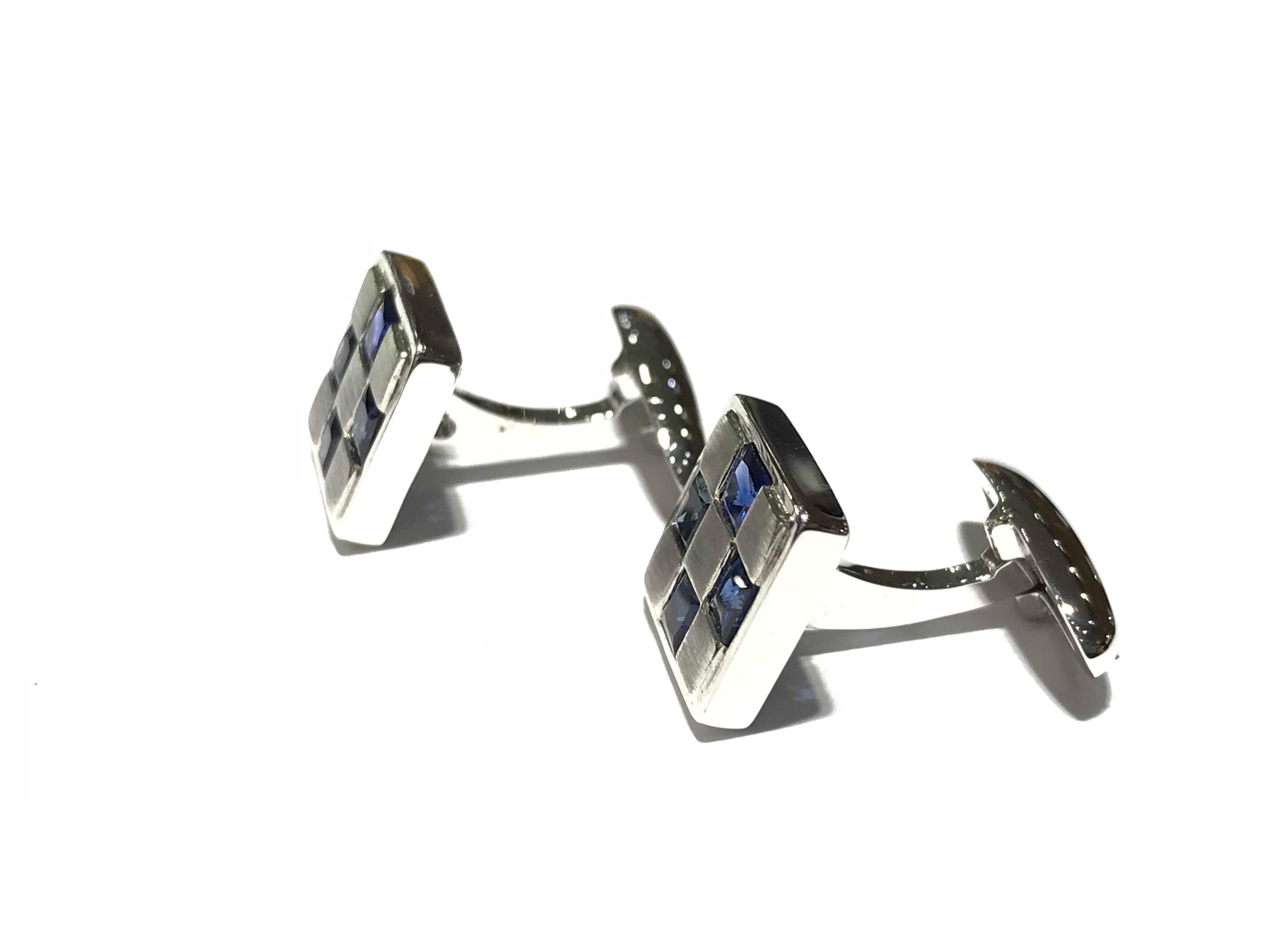 Princess Cut Men's Cufflinks 18 Carat White Gold with Sapphires  For Sale