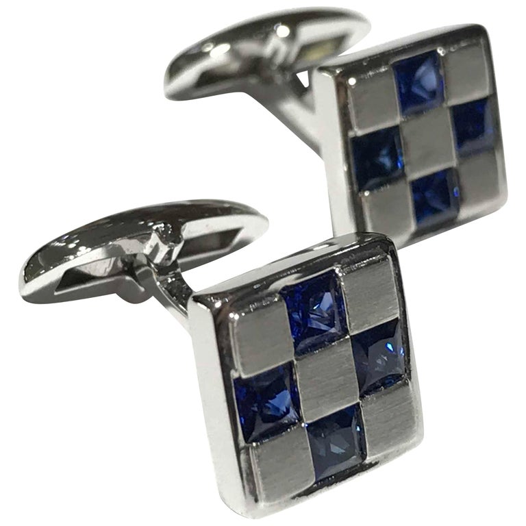 Men's Cufflinks 18 Carat White Gold with Sapphires For Sale at 1stDibs