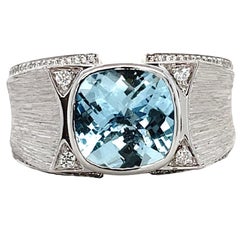 Men's cushion checkerboard Aquamarine and Diamond 14KW Gold Ring