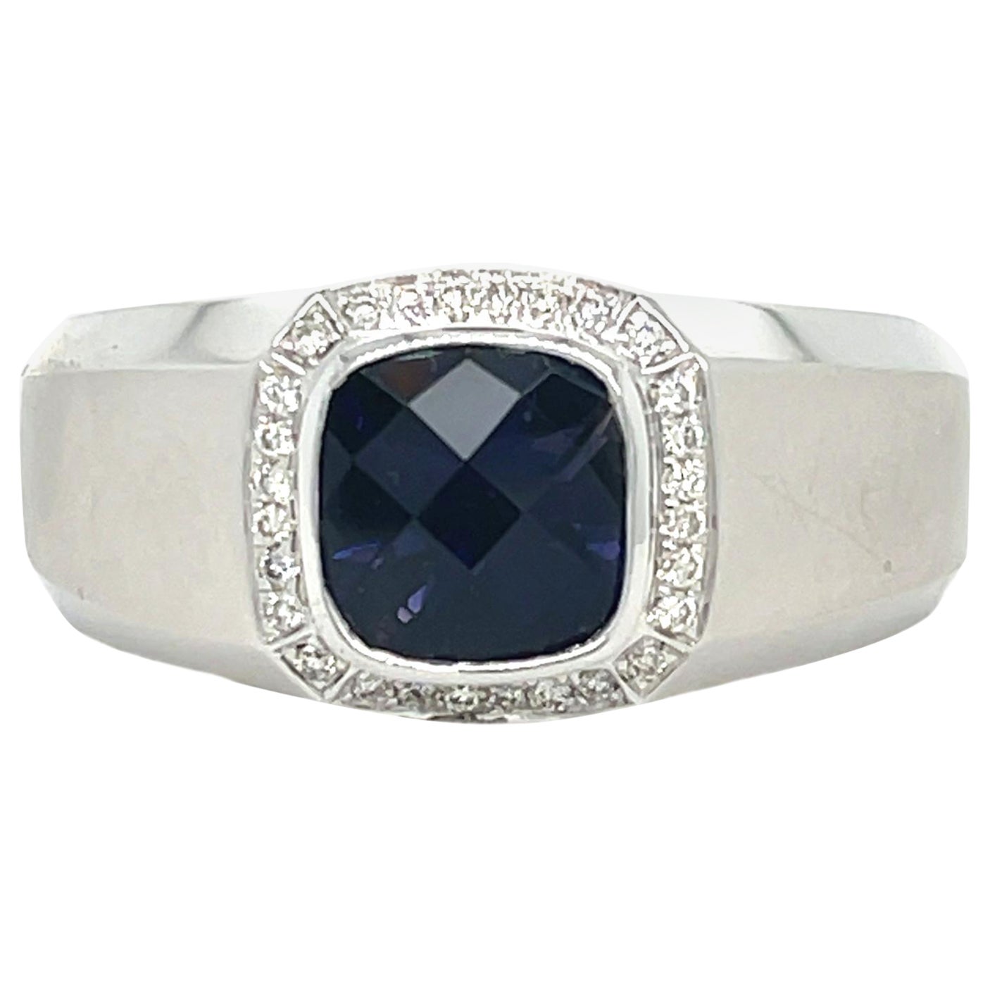 Anello da uomo con iolite a scacchiera e diamante 14KWY in oro bicolore in vendita