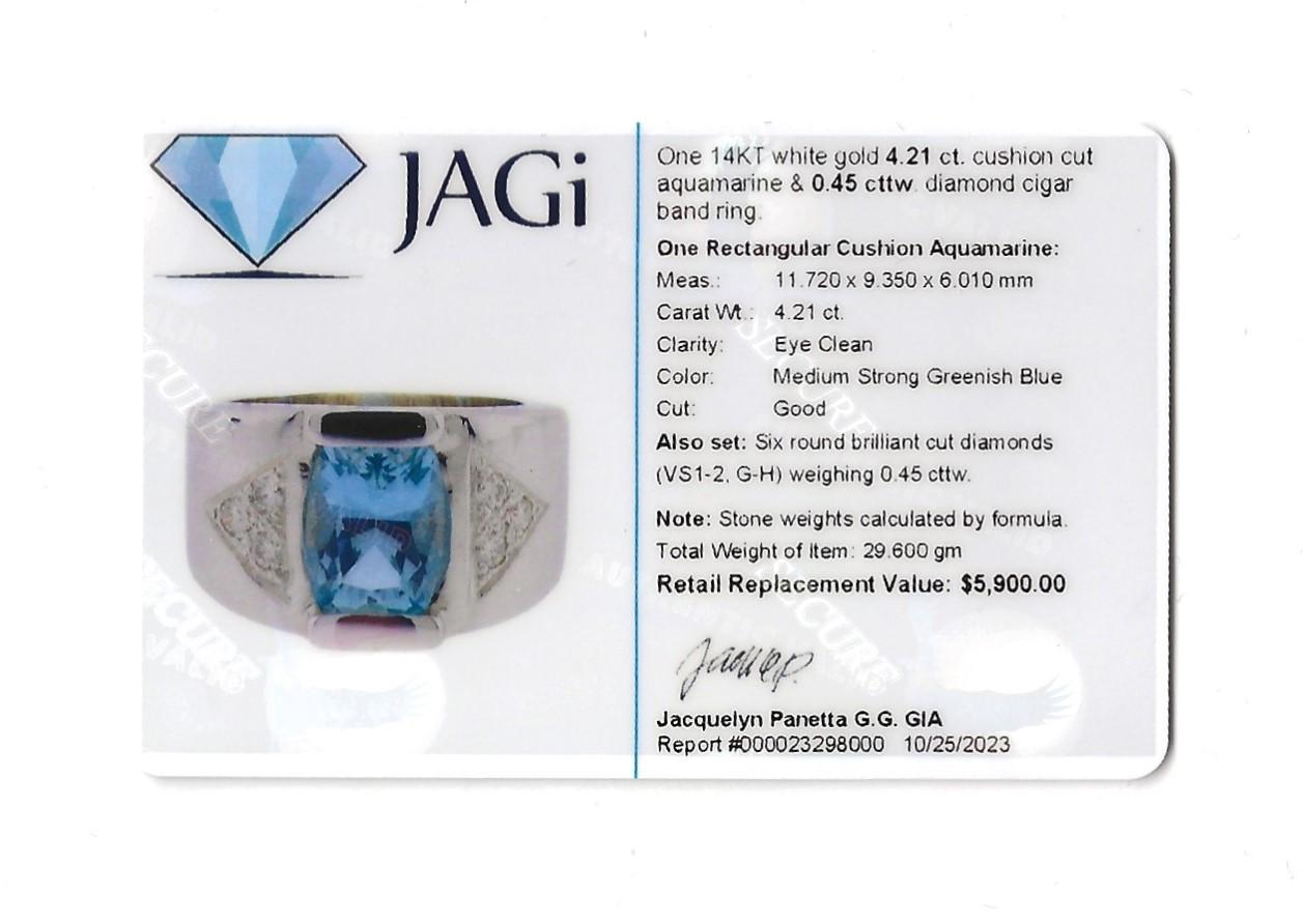 Mens Cushion Cut Aquamarine and Diamond Cigar Band Ring in 14 Karat White Gold For Sale 5