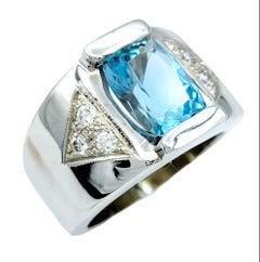 Mens Cushion Cut Aquamarine and Diamond Cigar Band Ring in 14 Karat White Gold