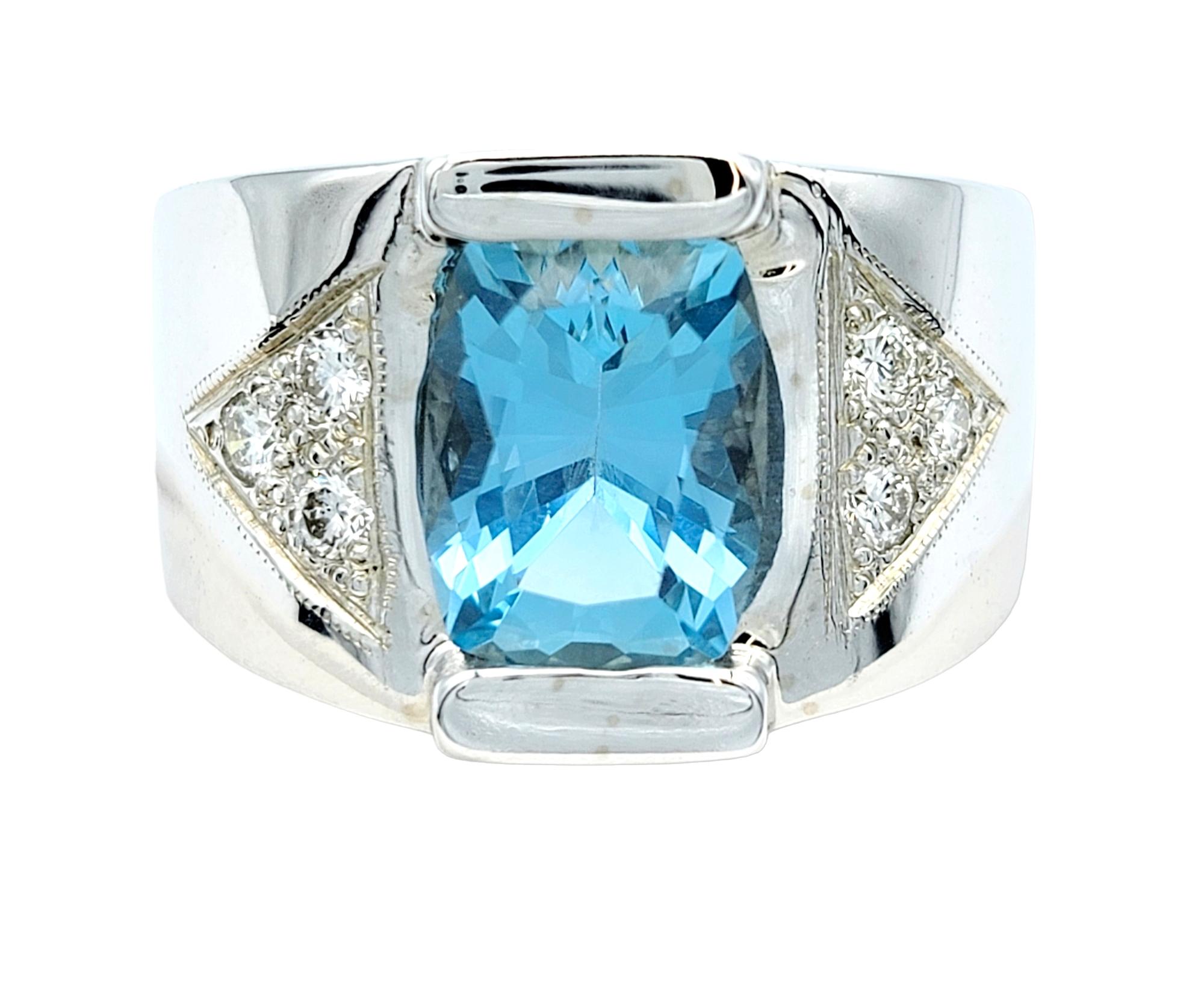 Mens Cushion Cut Aquamarine and Diamond Cigar Band Ring in 14 Karat White Gold In Good Condition For Sale In Scottsdale, AZ