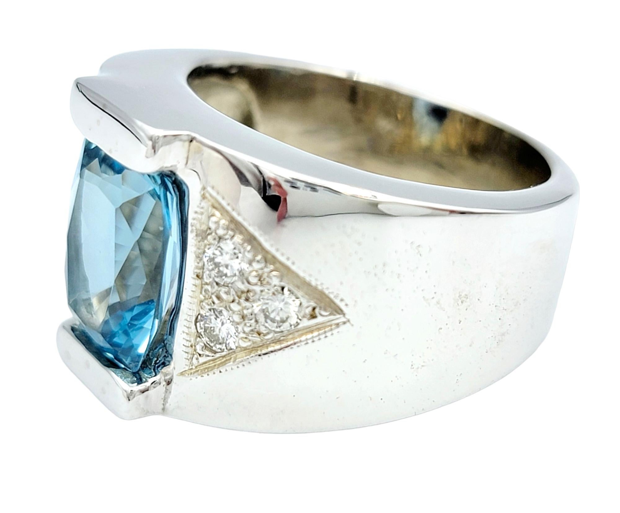 Men's Mens Cushion Cut Aquamarine and Diamond Cigar Band Ring in 14 Karat White Gold For Sale