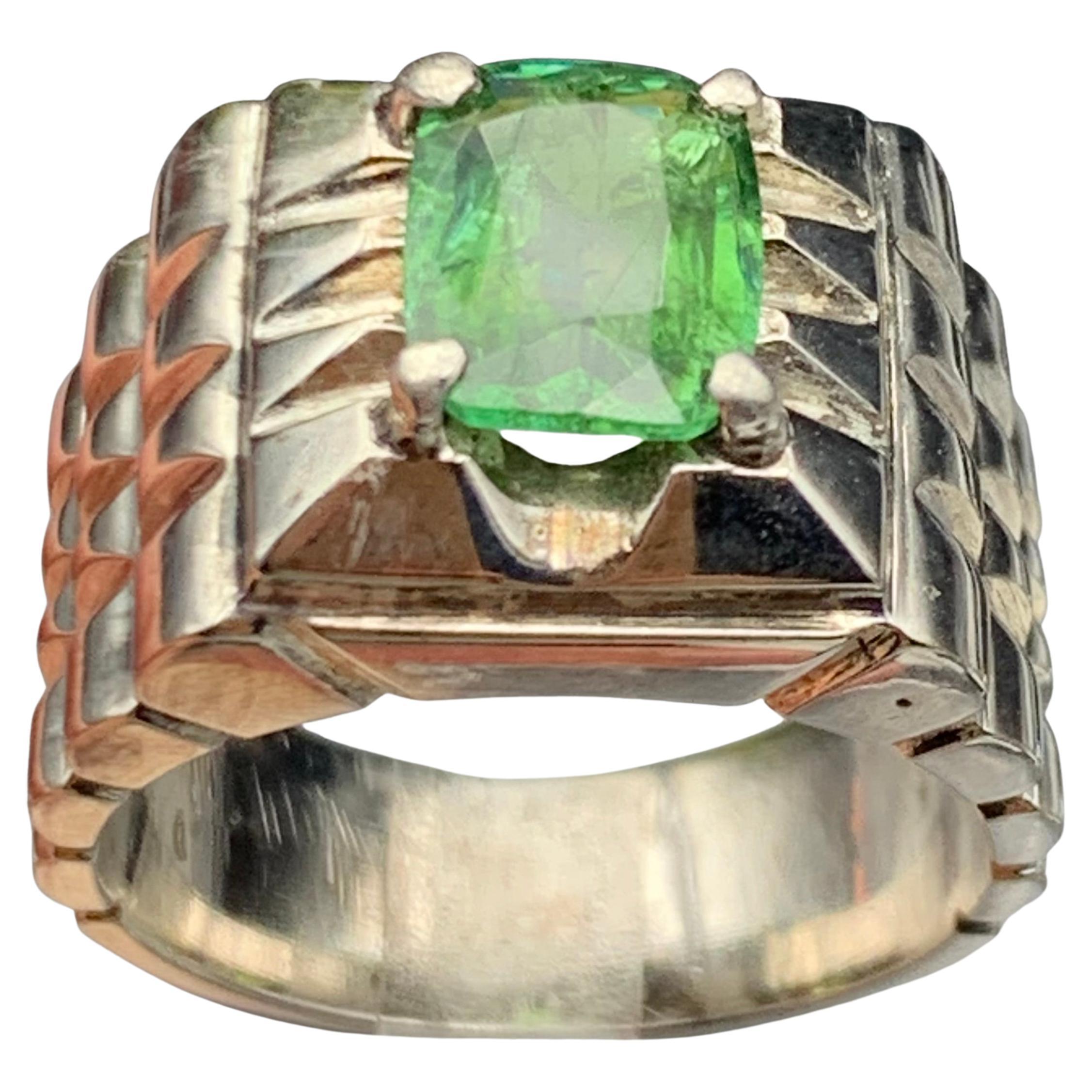 Men’s Cushion Cut Green Tourmaline Statement Ring n Textured 925 Sterling Silver For Sale