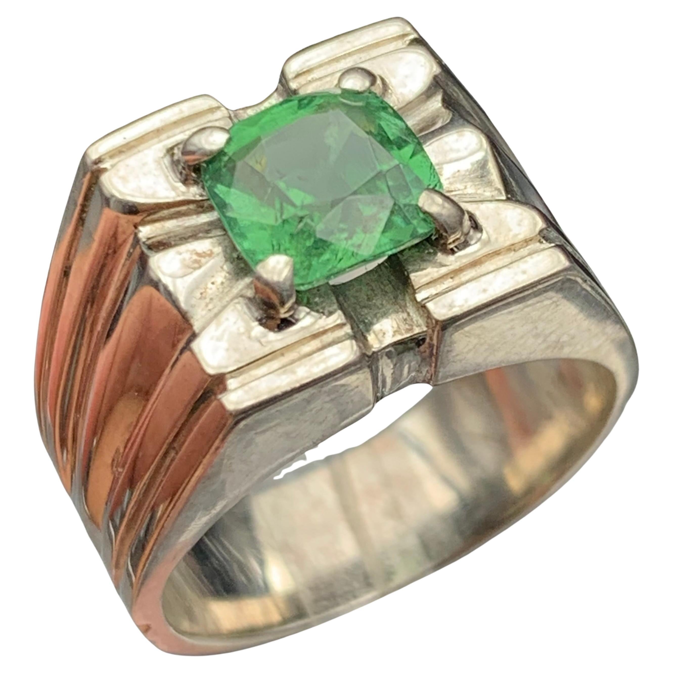 Men’s Cushion Cut Green Tourmaline Statement Ring, Textured 925 Sterling Silver