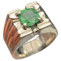 Men’s Cushion Cut Green Tourmaline Statement Ring, Textured 925 Sterling Silver
