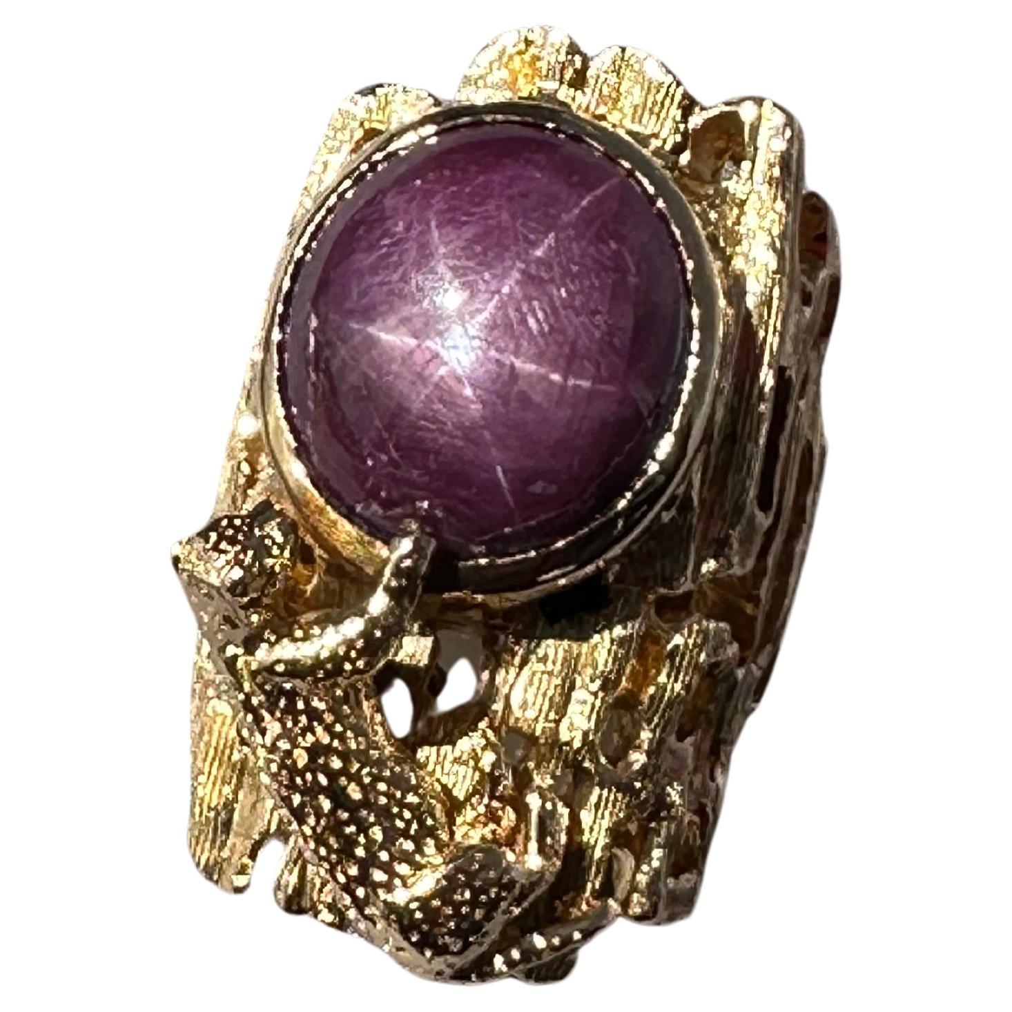 Men's Custom Genuine Natural East Indian Ruby 18 Cts. Star 14K Gold Leopard Ring For Sale
