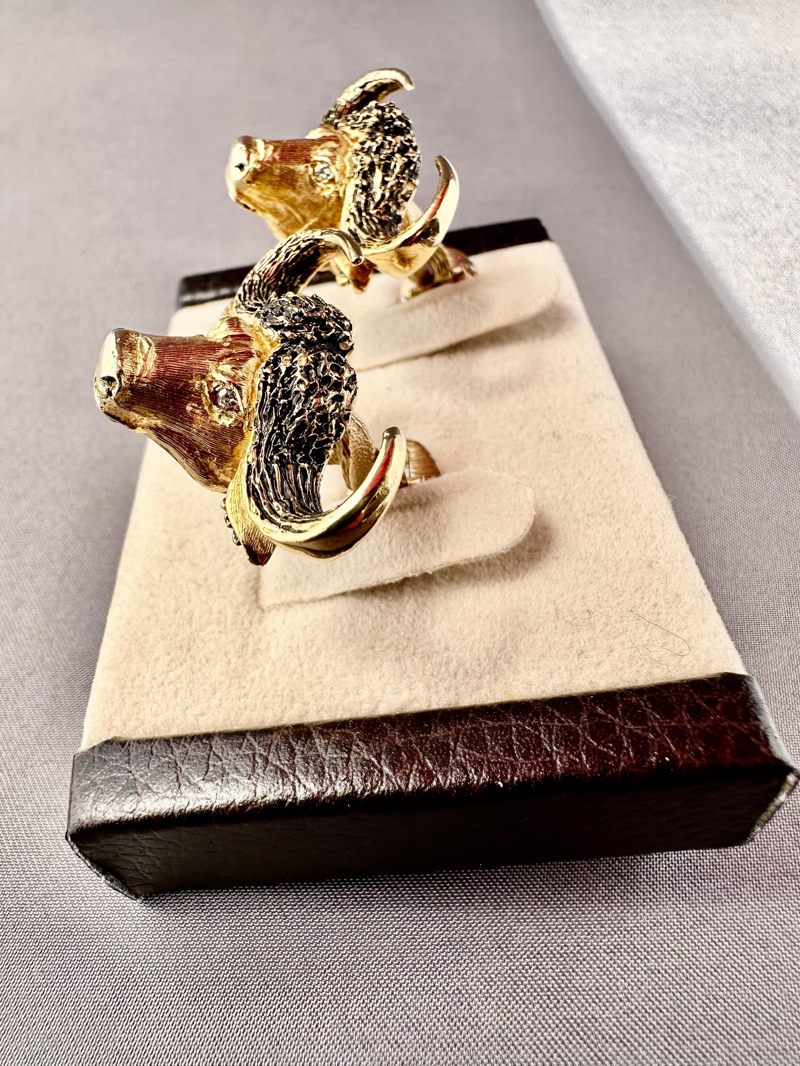 Modern Men's Custom Made 18k Gold & Diamond African Water Buffalo Cufflinks For Sale