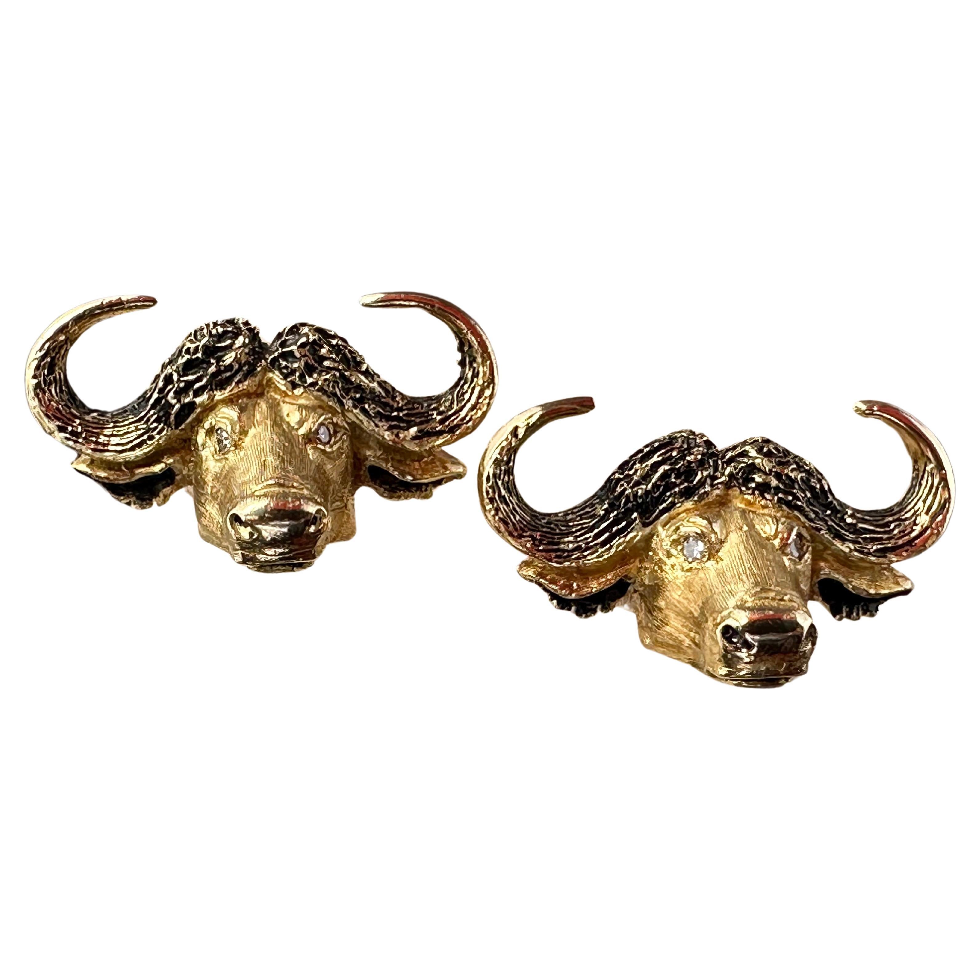 Men's Custom Made 18k Gold & Diamond African Water Buffalo Cufflinks For Sale