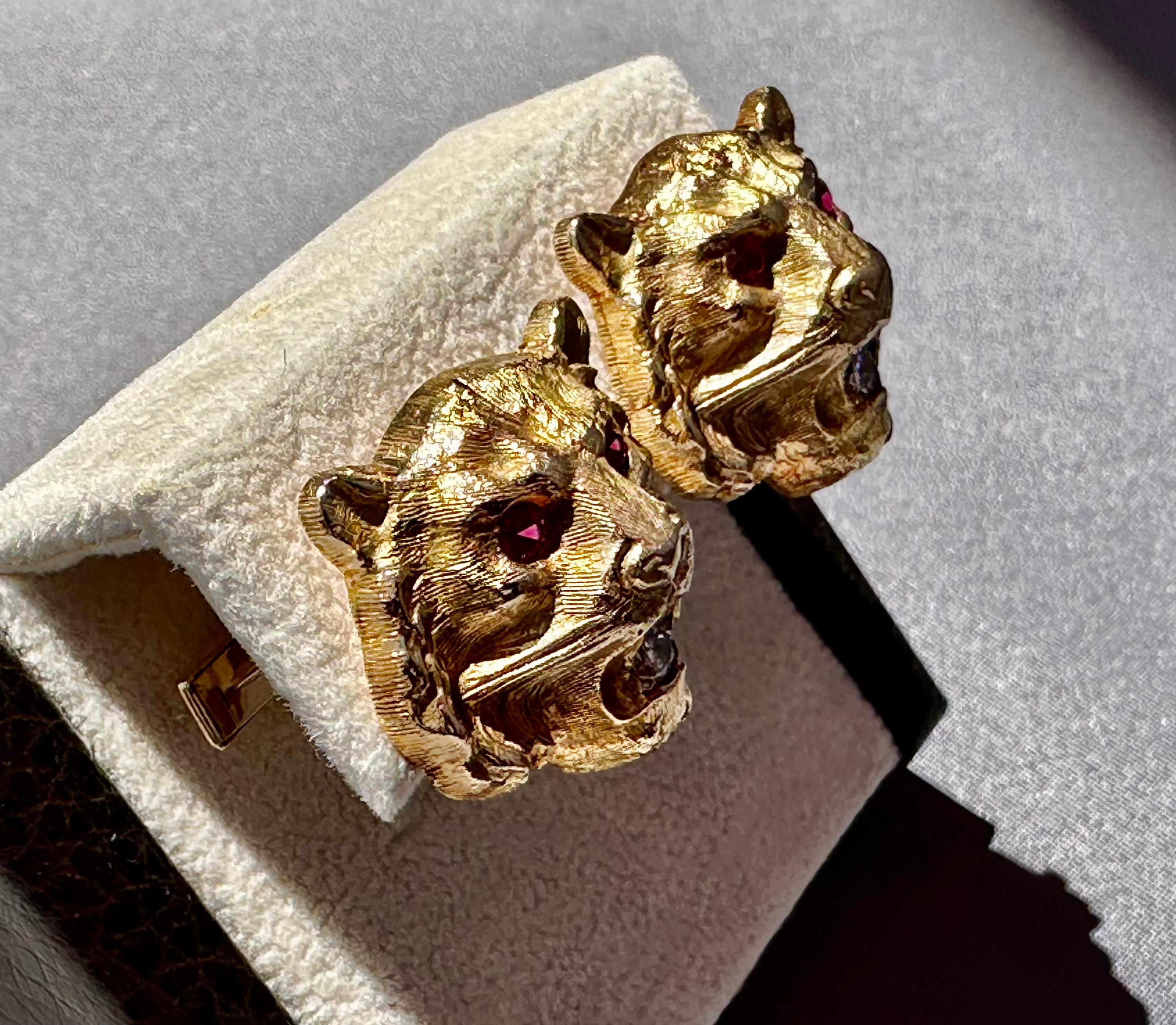 Modern Men's Custom Made Ruby Diamond & 14k Gold Lion / Tiger Cufflinks For Sale