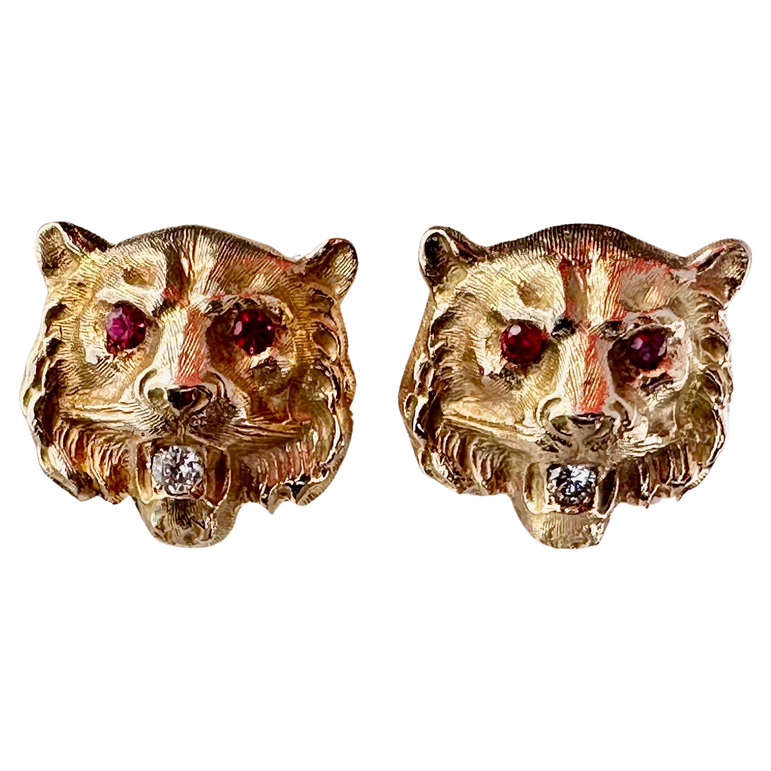 Men's Custom Made Ruby Diamond & 14k Gold Lion / Tiger Cufflinks For Sale