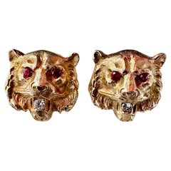 Men's Custom Made Ruby Diamond & 14k Gold Lion / Tiger Cufflinks