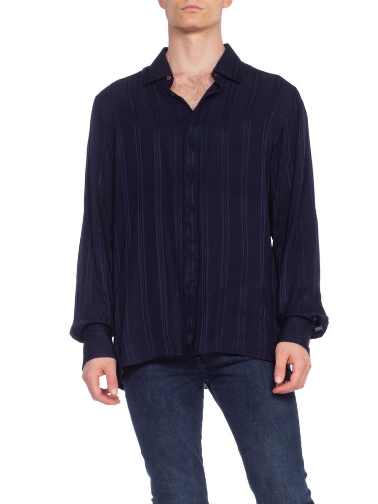1970'S CUZZENS Navy Silk Men's Italian Made Disco Shirt (Size 17 1/2