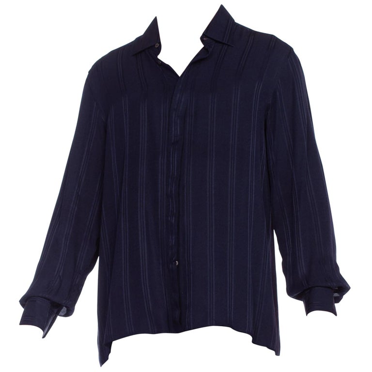 1970'S CUZZENS Navy Silk Men's Italian Made Disco Shirt (Size 17 1/2