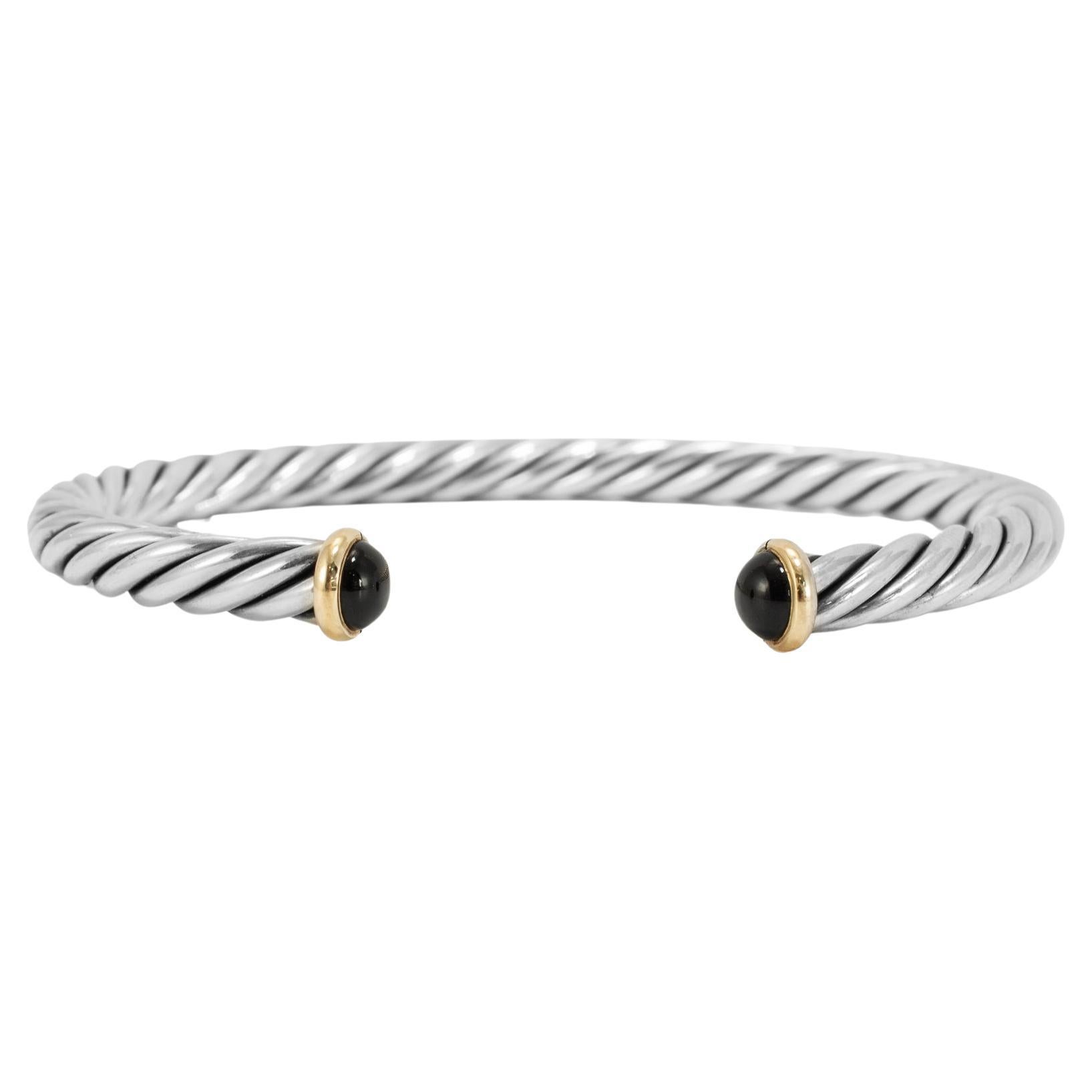 Men’s David Yurman 14K Gold 
925 Silver 6MM Onyx Cable Cuff Bangle Bracelet For Sale