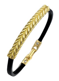 Mens David Yurman 18 Karat Yellow Gold Chevron ID Bracelet with Leather Strap