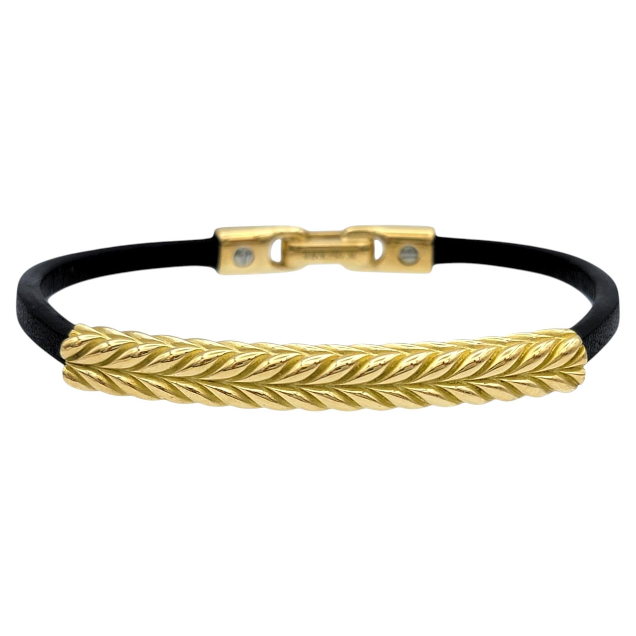 Mens David Yurman 18 Karat Yellow Gold Chevron ID Bracelet with Leather Strap For Sale