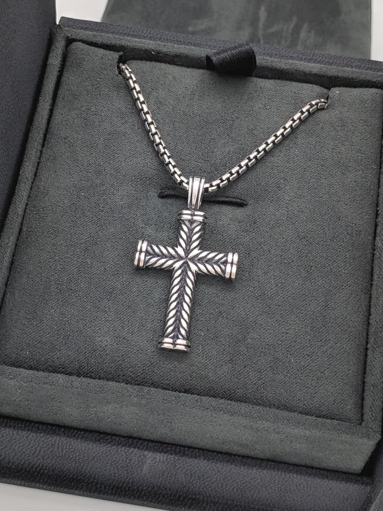 Men's David Yurman Chevron Cross Pendant on Small Box Chain Necklace at