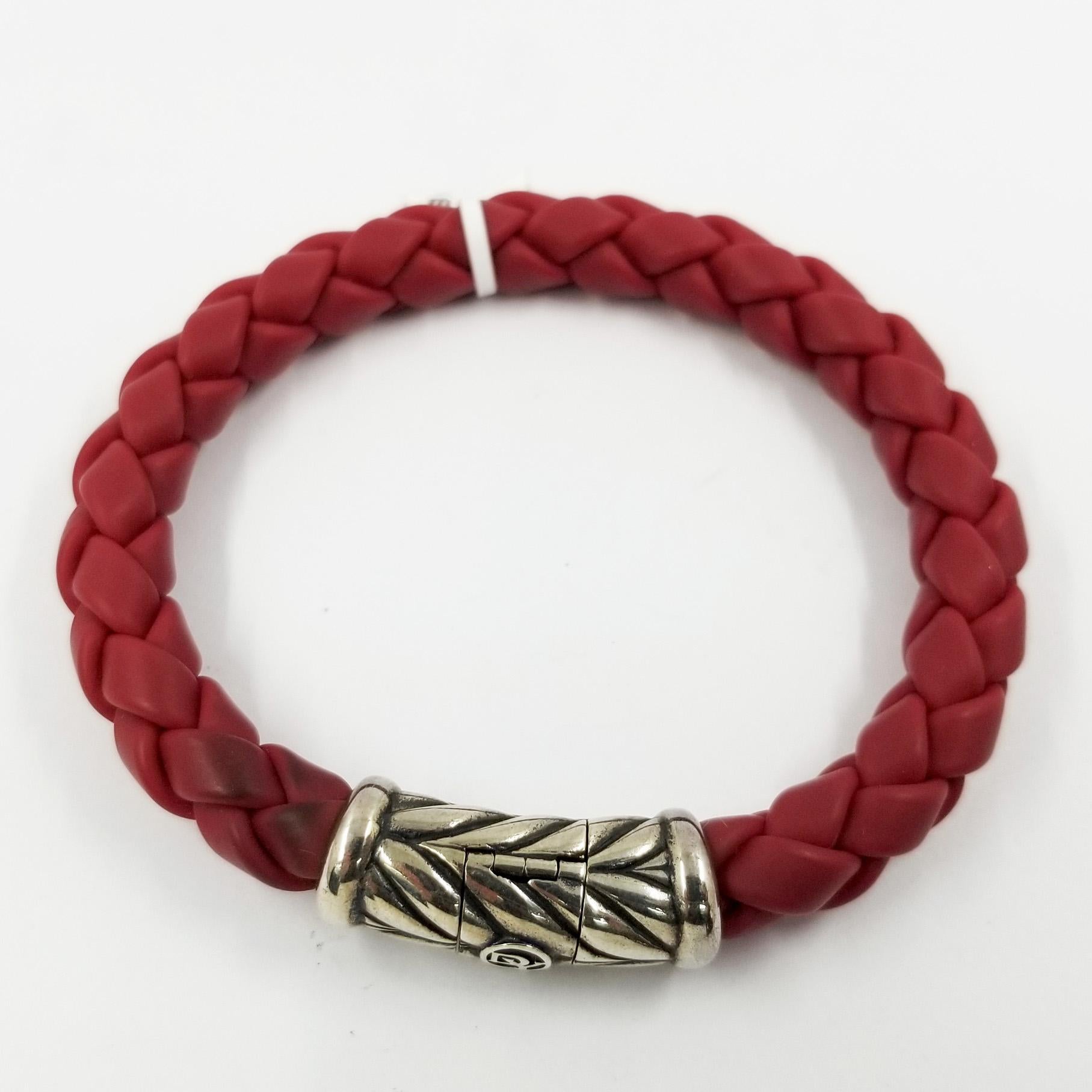 Sterling Silver and Woven Red Rubber Bracelet, stamped 925 by designer David Yurman. The 10mm wide magnetic clasp features a safety latch for extra security. 8 inches long for a man's wrist. Original MSRP $375.