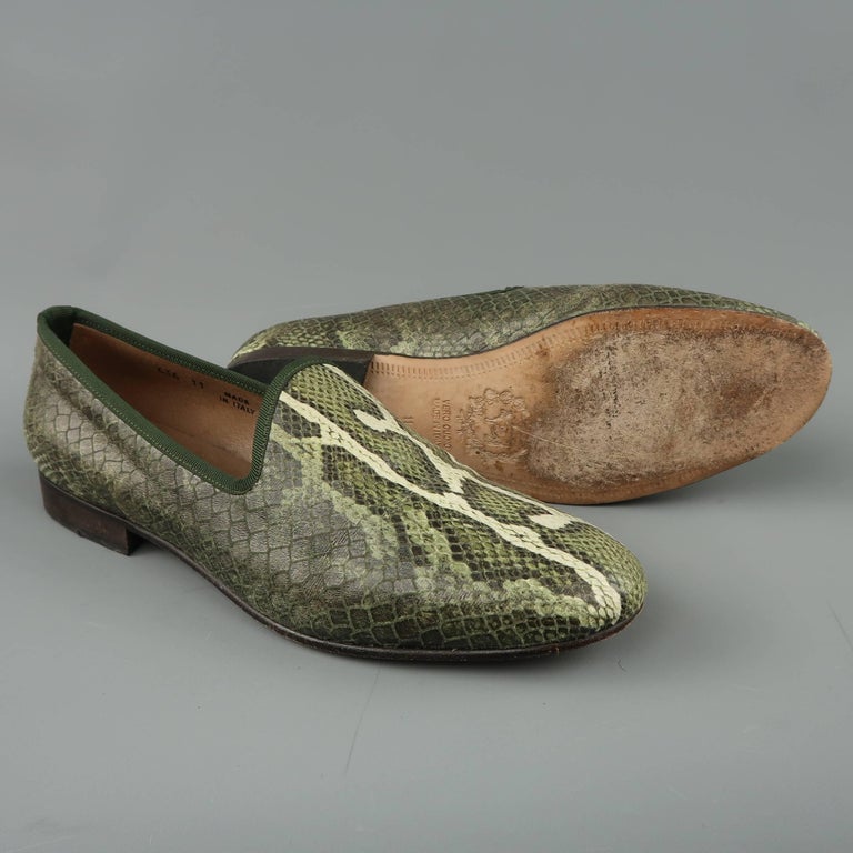 Men's DEL TORO Size 11 Green Snake Print Leather Dress Slipper Loafers ...