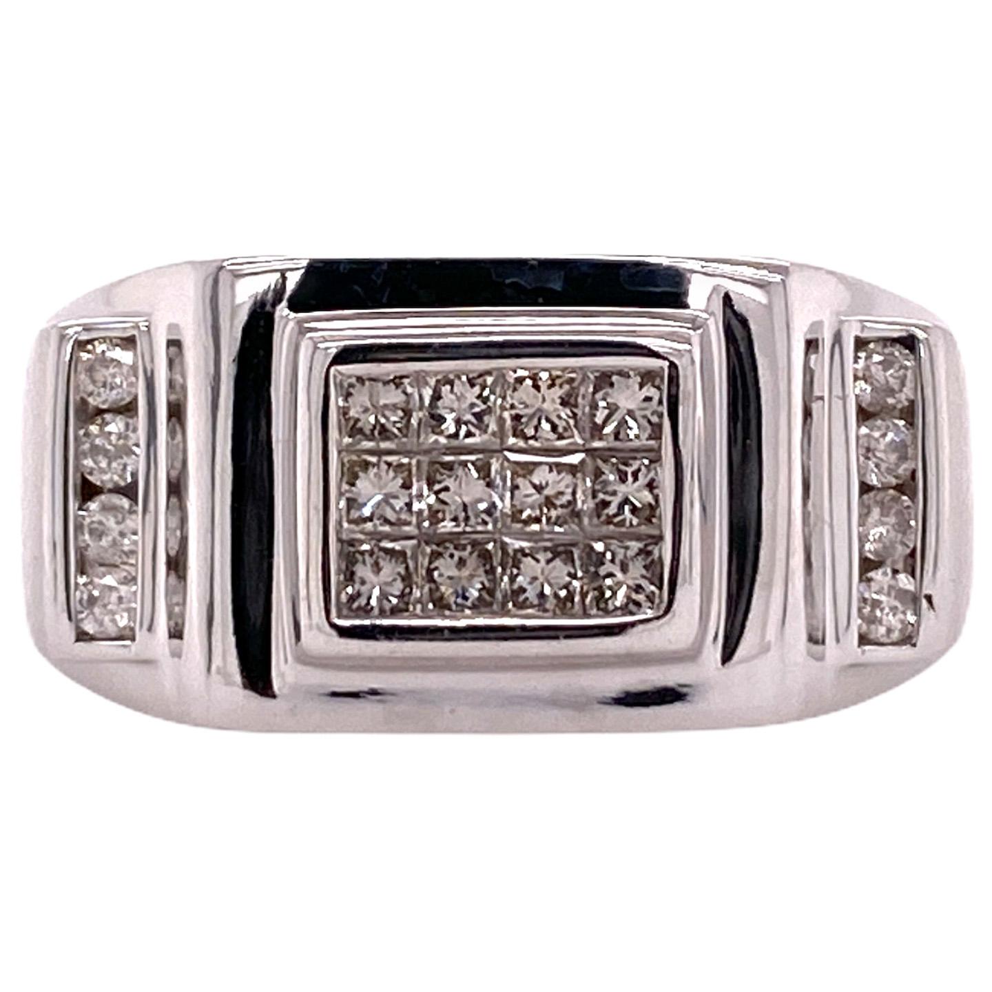 Men's Diamond 14 Karat White Gold Ring Princess Cut Round Brilliant Cut Diamonds