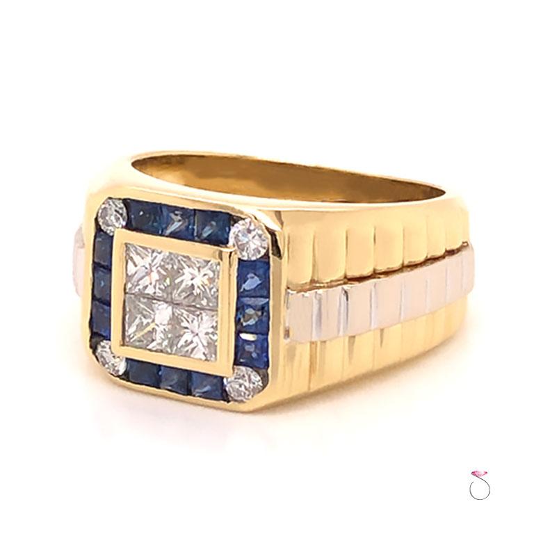 Anillo para caballero de oro amarillo de 18k con diamantes y zafiro estilo Rolex en 2 tonos Moderno
